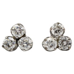 Triple-Diamond Cluster Stud Earrings in 18K White Gold (≈0.90 ct/ea)
