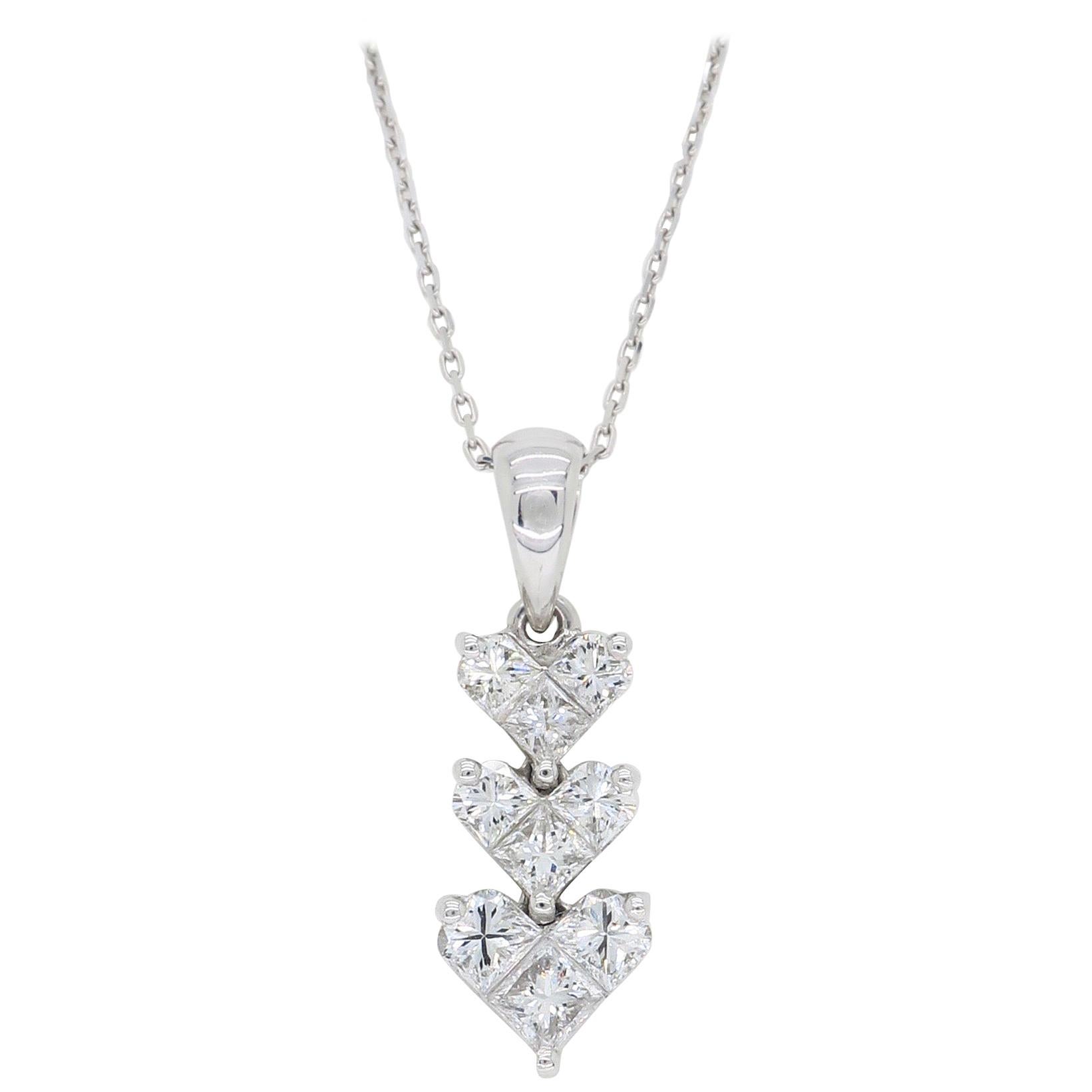 Triple Diamond Heart Pendant Necklace in 18 Karat White Gold