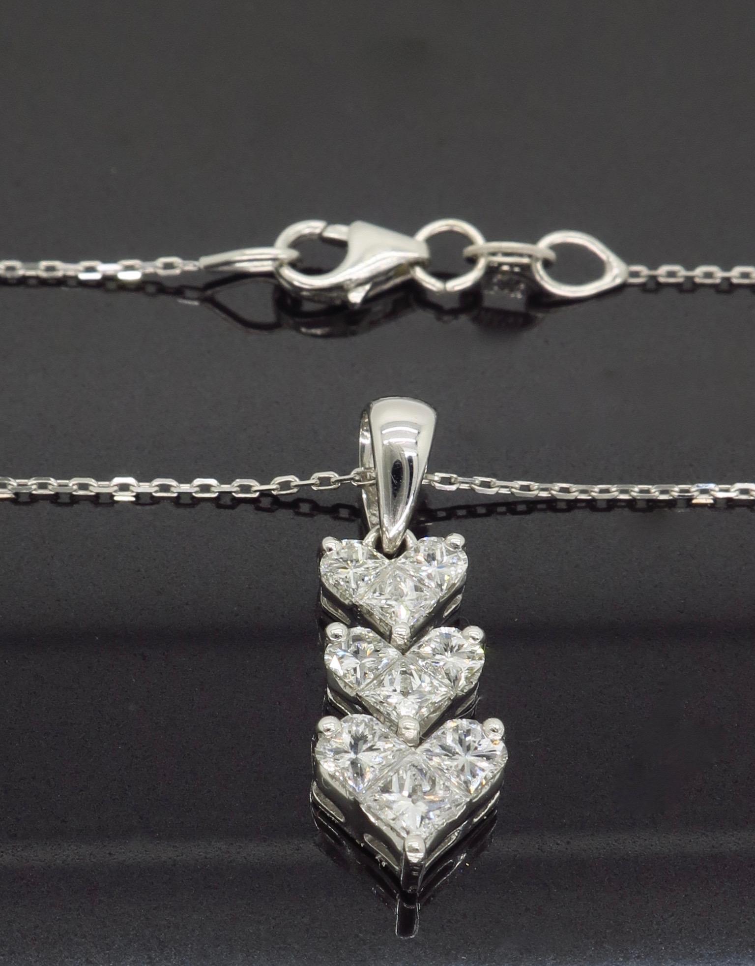 Triple Diamond Heart Pendant Necklace in 18 Karat White Gold 1