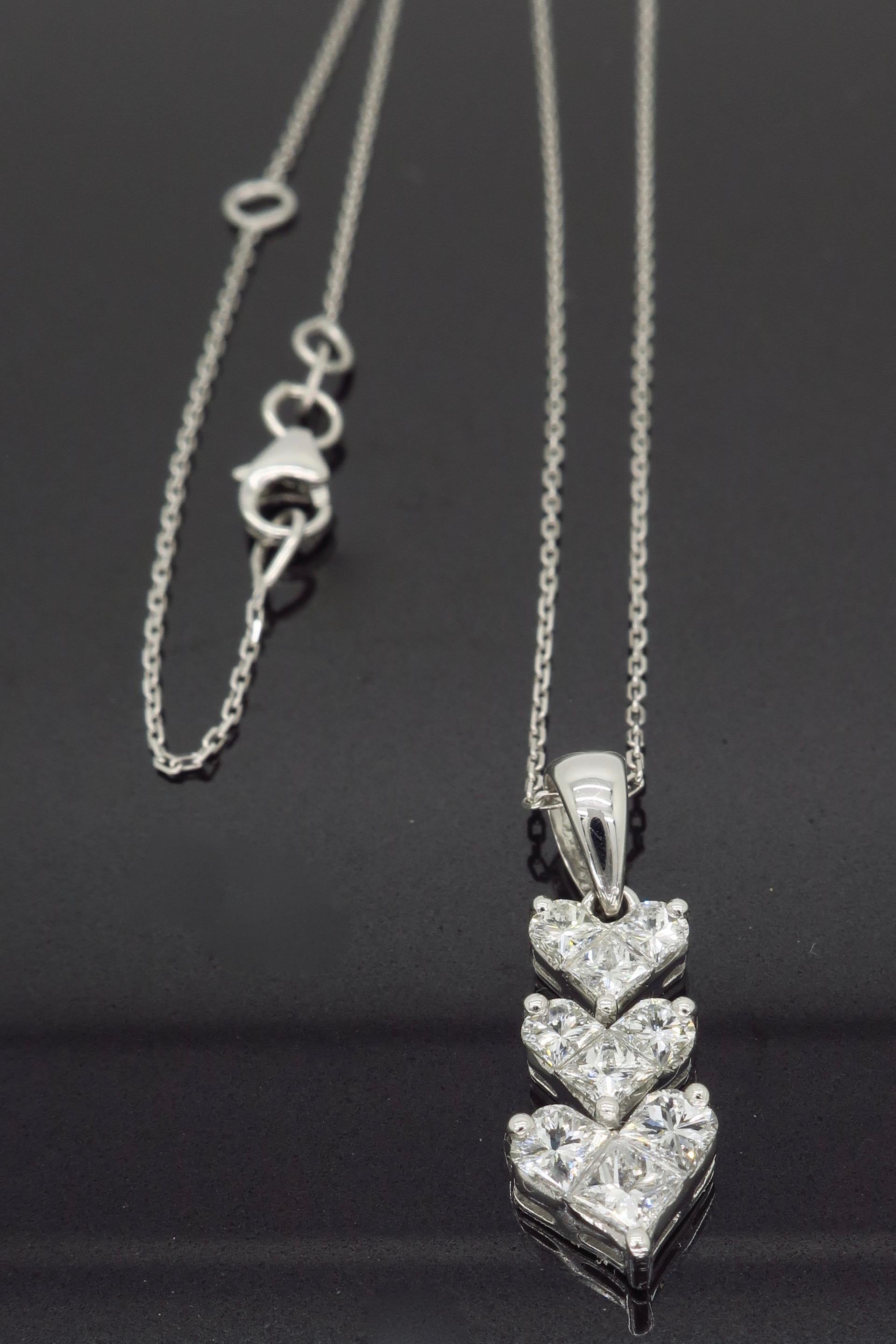 Triple Diamond Heart Pendant Necklace in 18 Karat White Gold 2