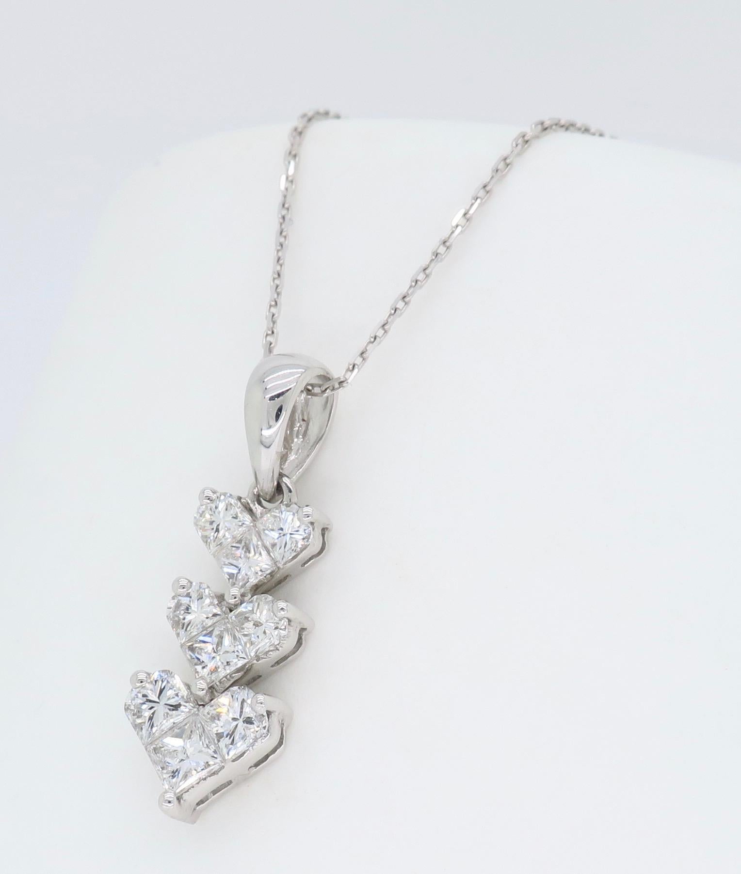Triple Diamond Heart Pendant Necklace in 18 Karat White Gold 3