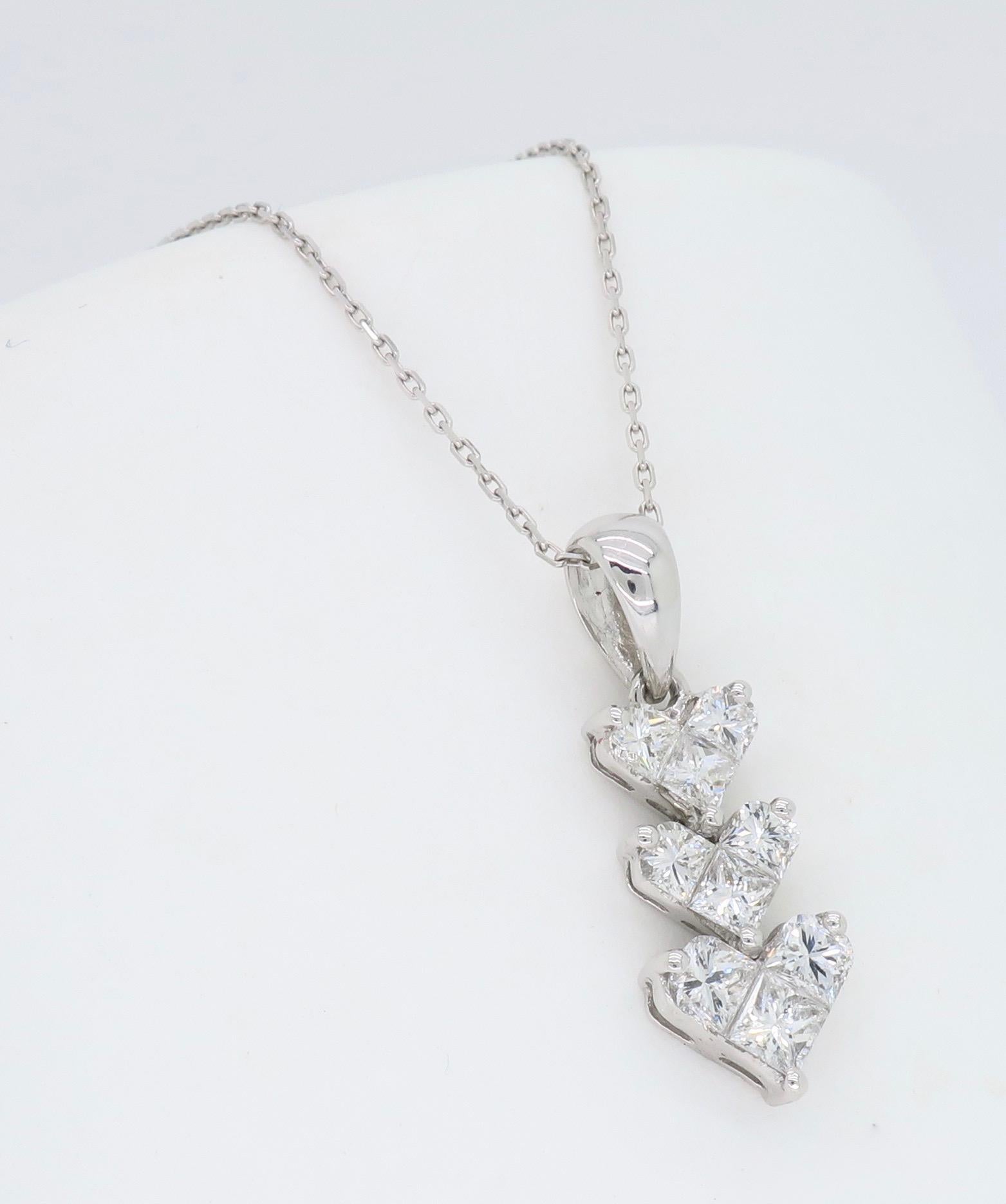 Triple Diamond Heart Pendant Necklace in 18 Karat White Gold 4