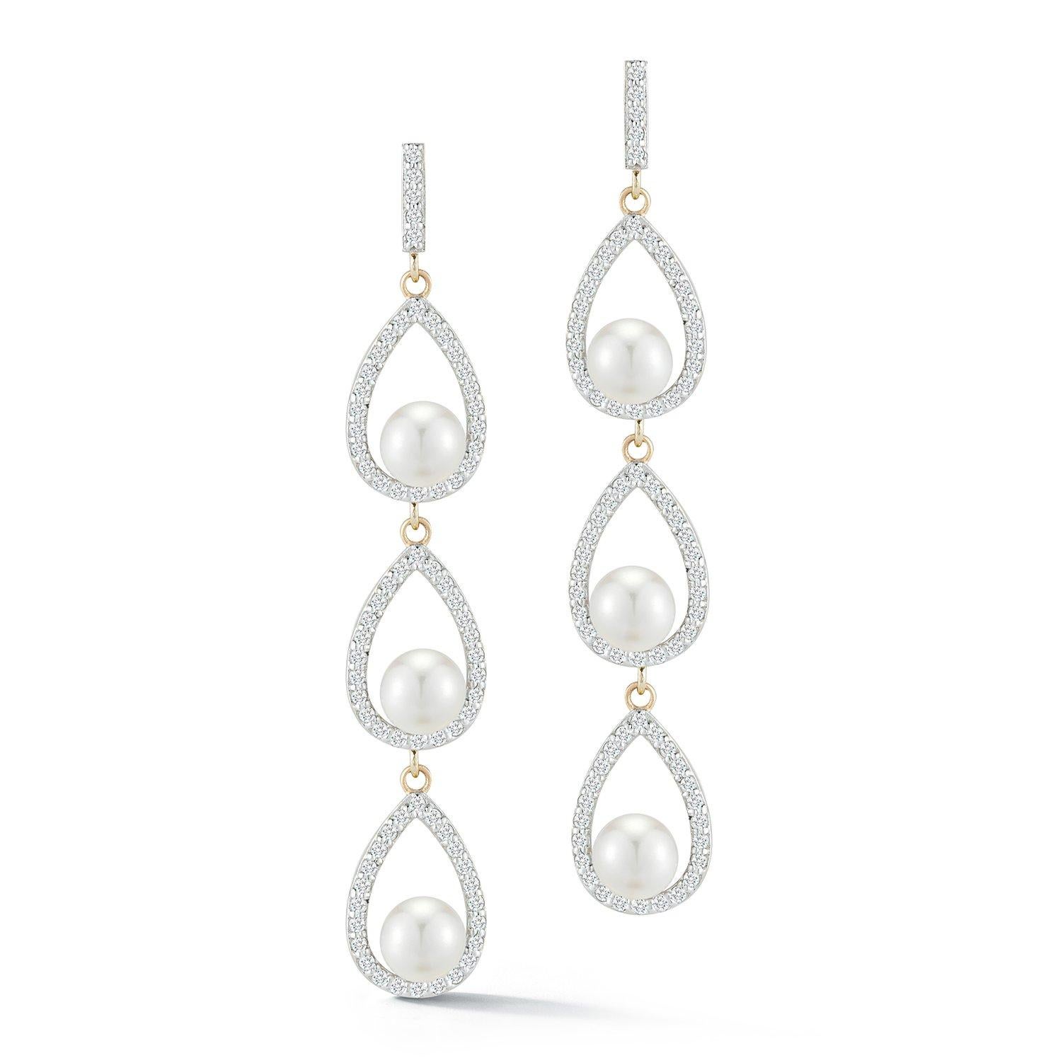 Modern Triple Diamond Pearl Tear Drop Earring For Sale