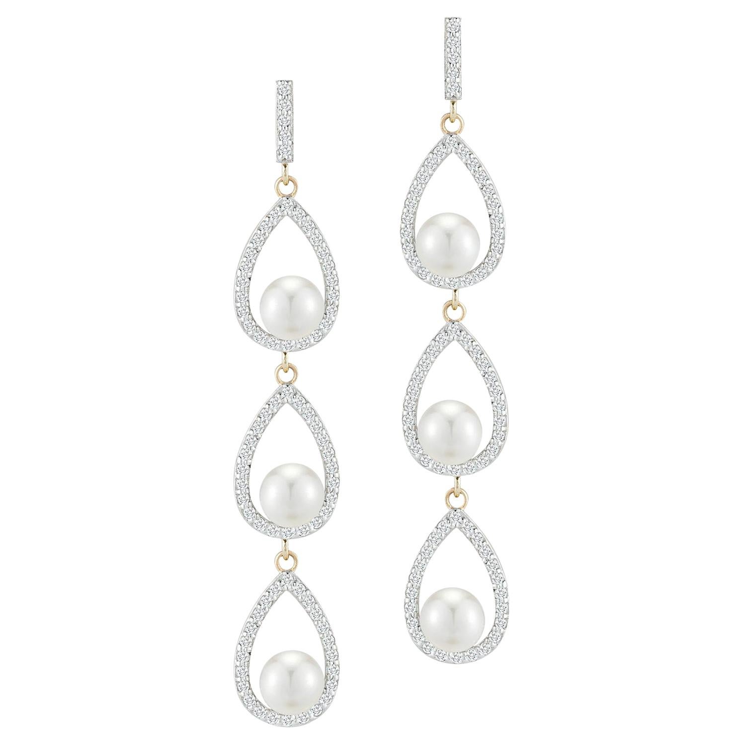 Triple Diamond Pearl Tear Drop Earring For Sale