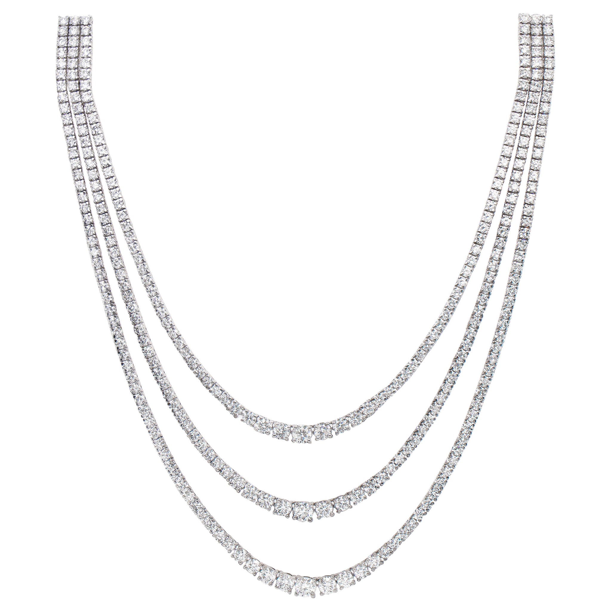 Triple Diamond Strand Necklace 14.18 Carats 18K Gold at 1stDibs