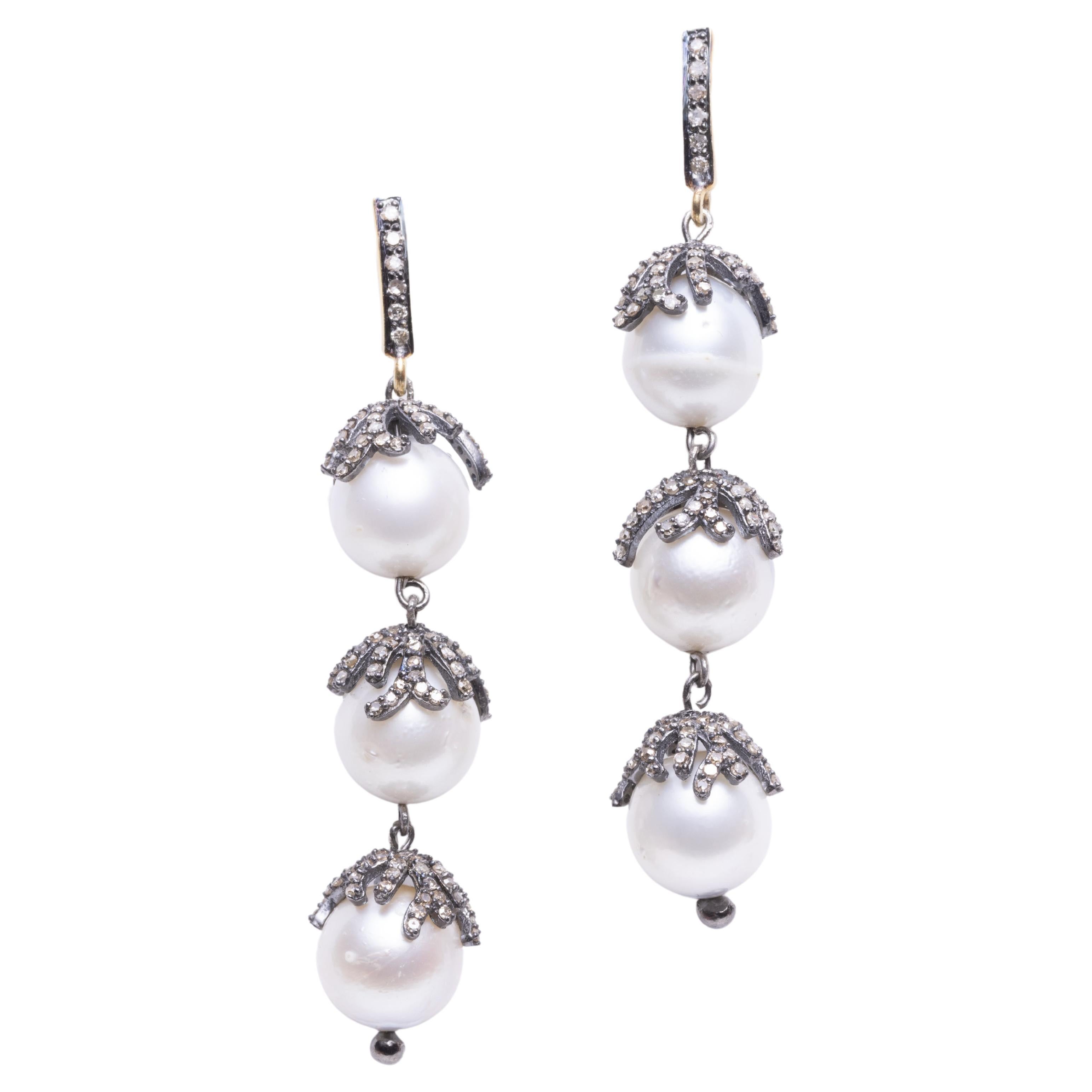 Triple Drop Pearl and Diamond Dangle Earrings