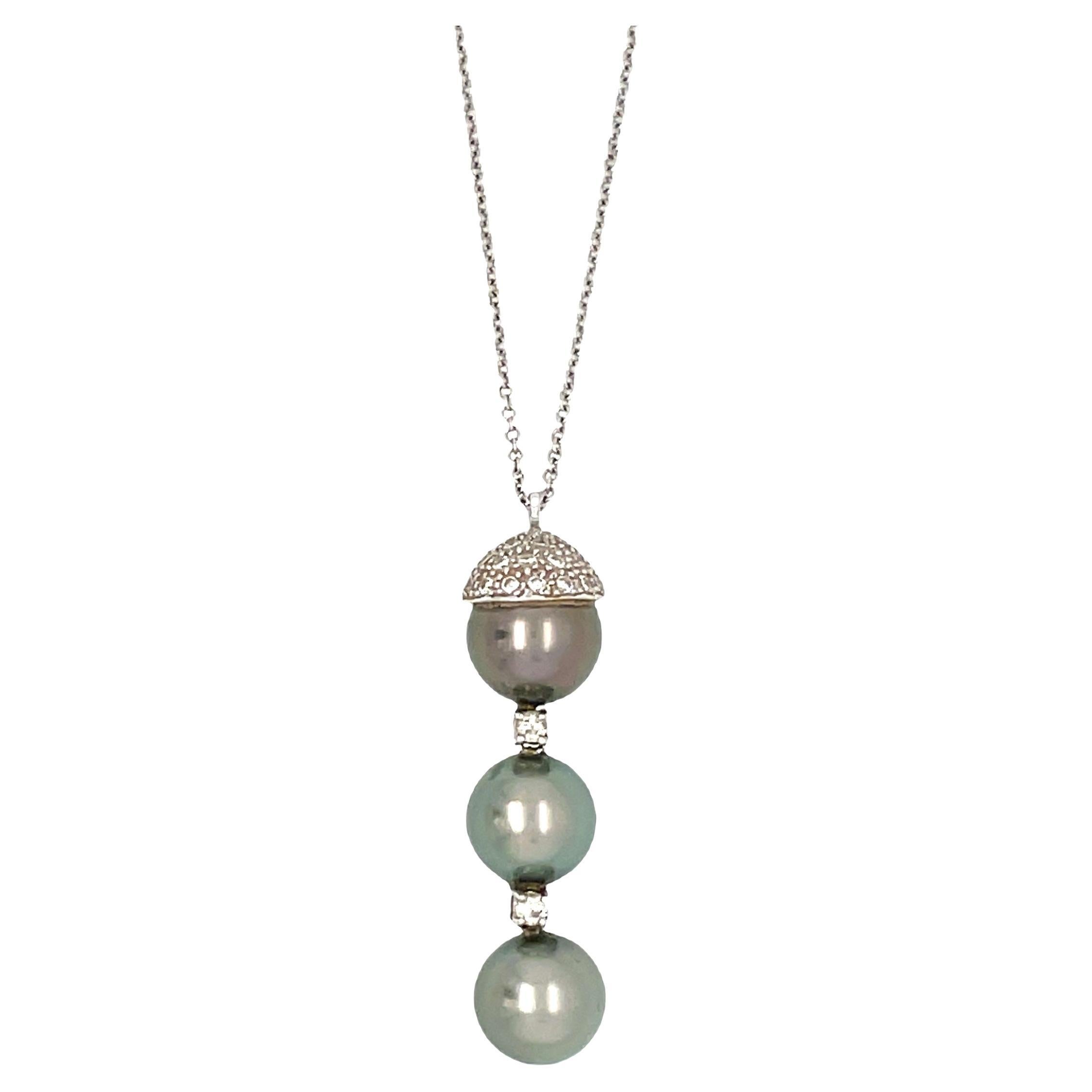 Triple Drop Pearl and Diamond Dangle Pendant Necklace
