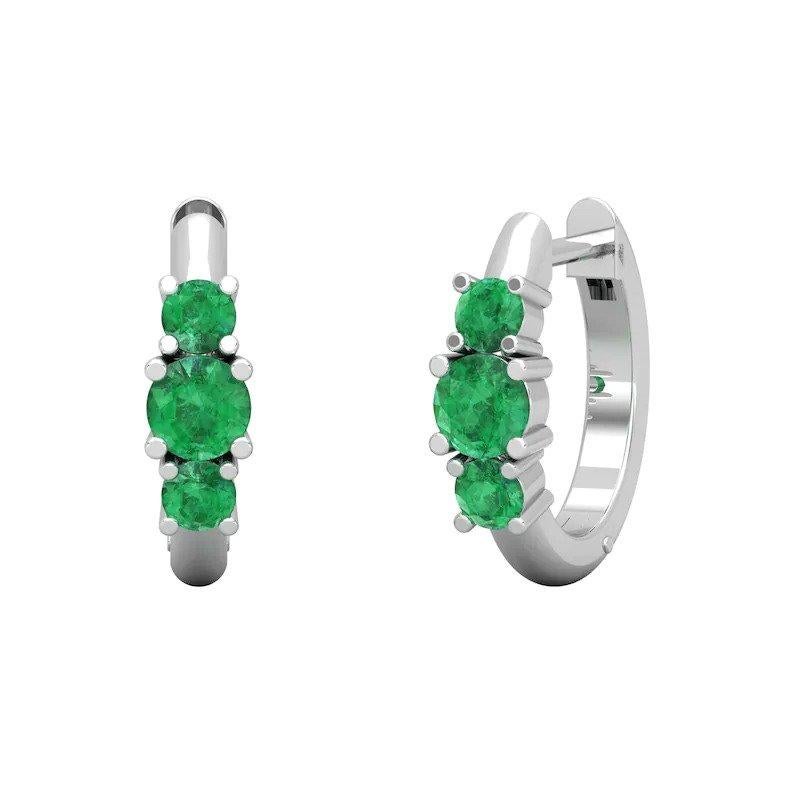 Modern Triple Emerald 14 Karat Gold Huggie Hoop Earrings For Sale