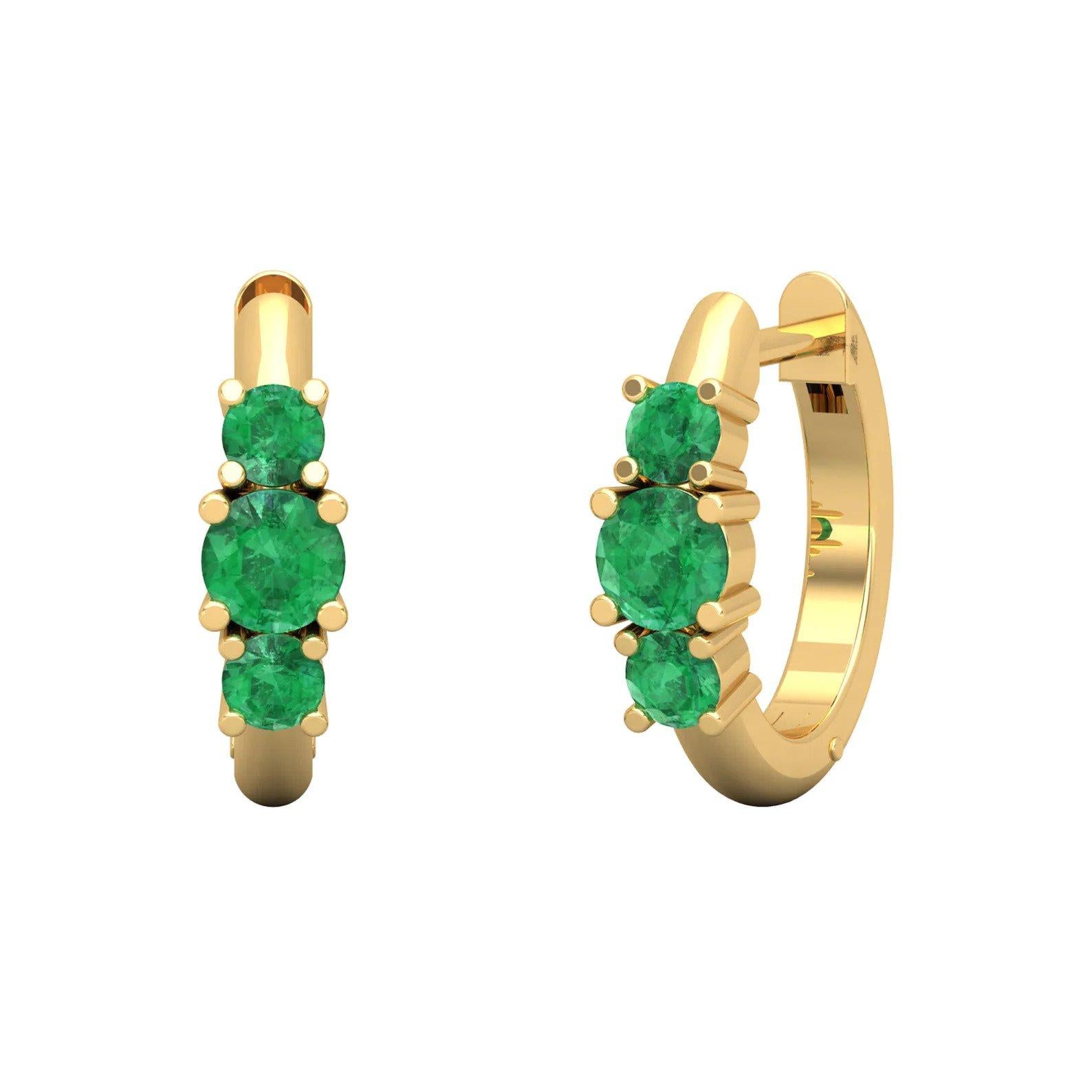 Triple Emerald 14 Karat Gold Huggie Hoop Earrings For Sale