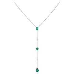 Triple Emerald & Natural Diamond Lariat Necklace in 14K Solid Gold (Certified)