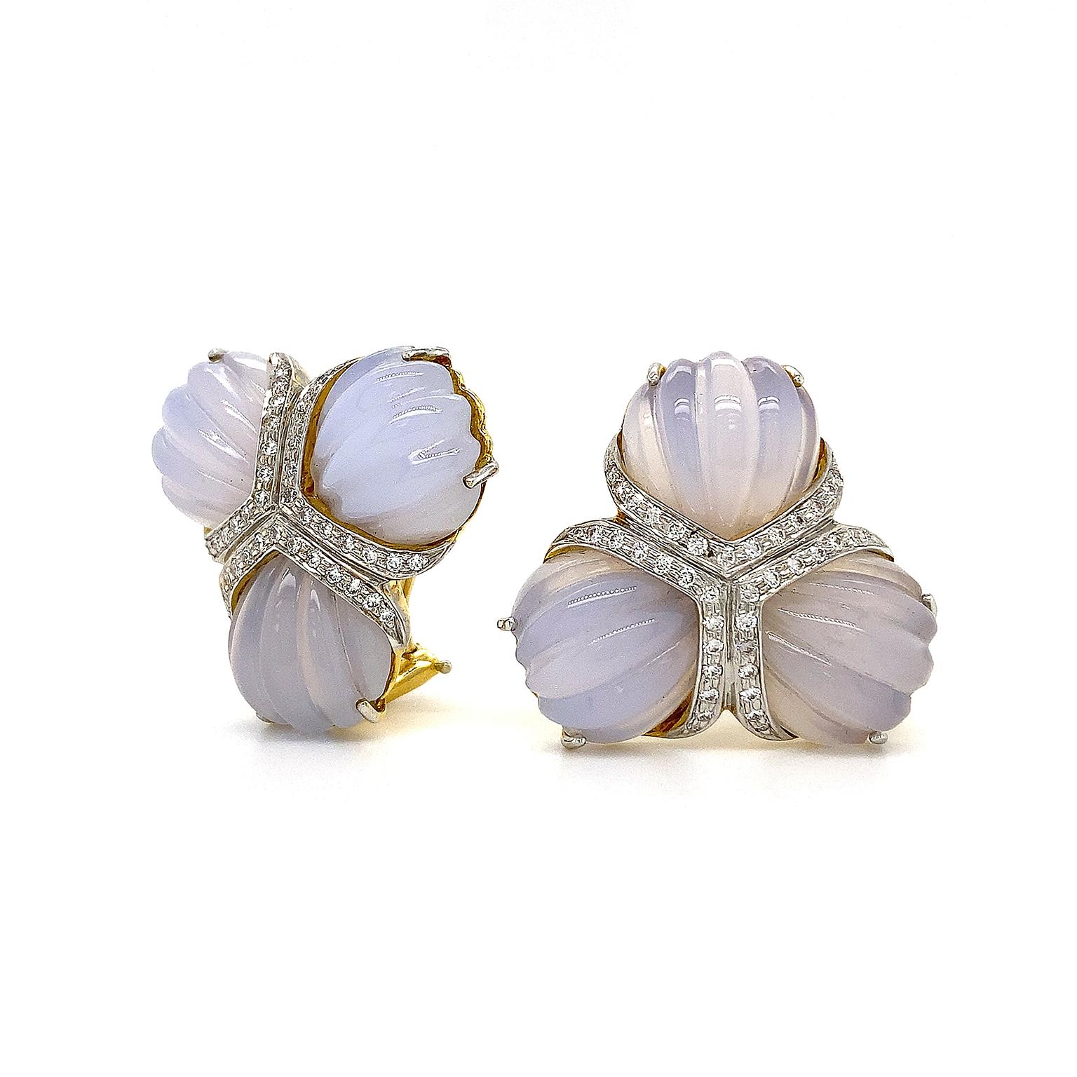 Dreifache Fächer-Chalcedon-Diamanten-Fächer-Ohrringe (Gemischter Schliff)
