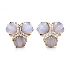 Triple Fan Fluted Chalcedony Diamonds 18K Yellow Gold Fan Clip-on Earrings