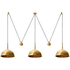 Triple Florian Schulz Pendant Lights, Brass Counterweight Counter Balance, 1970