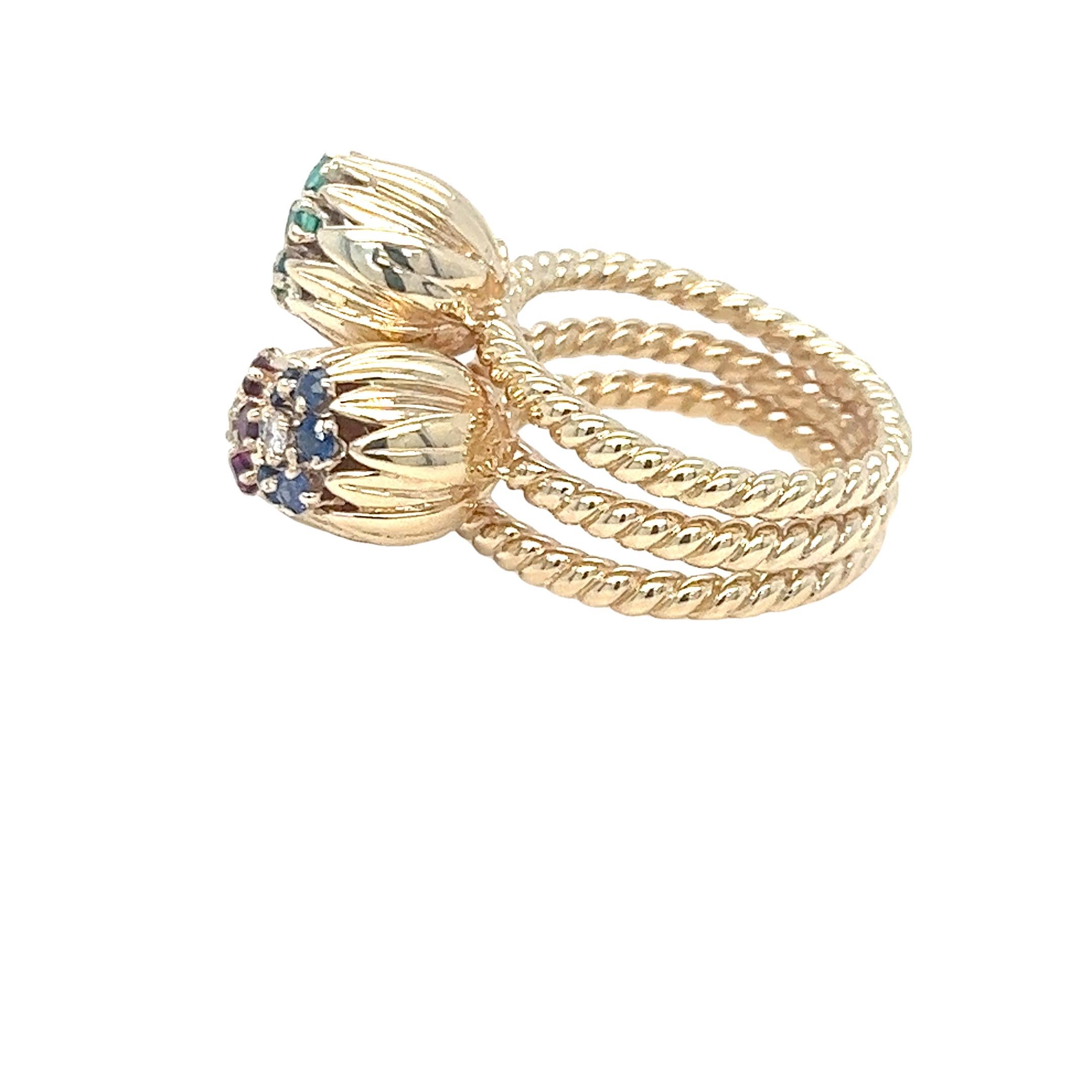 Round Cut Triple Flower Ring Featuring Ruby, Sapphire, and Emerald