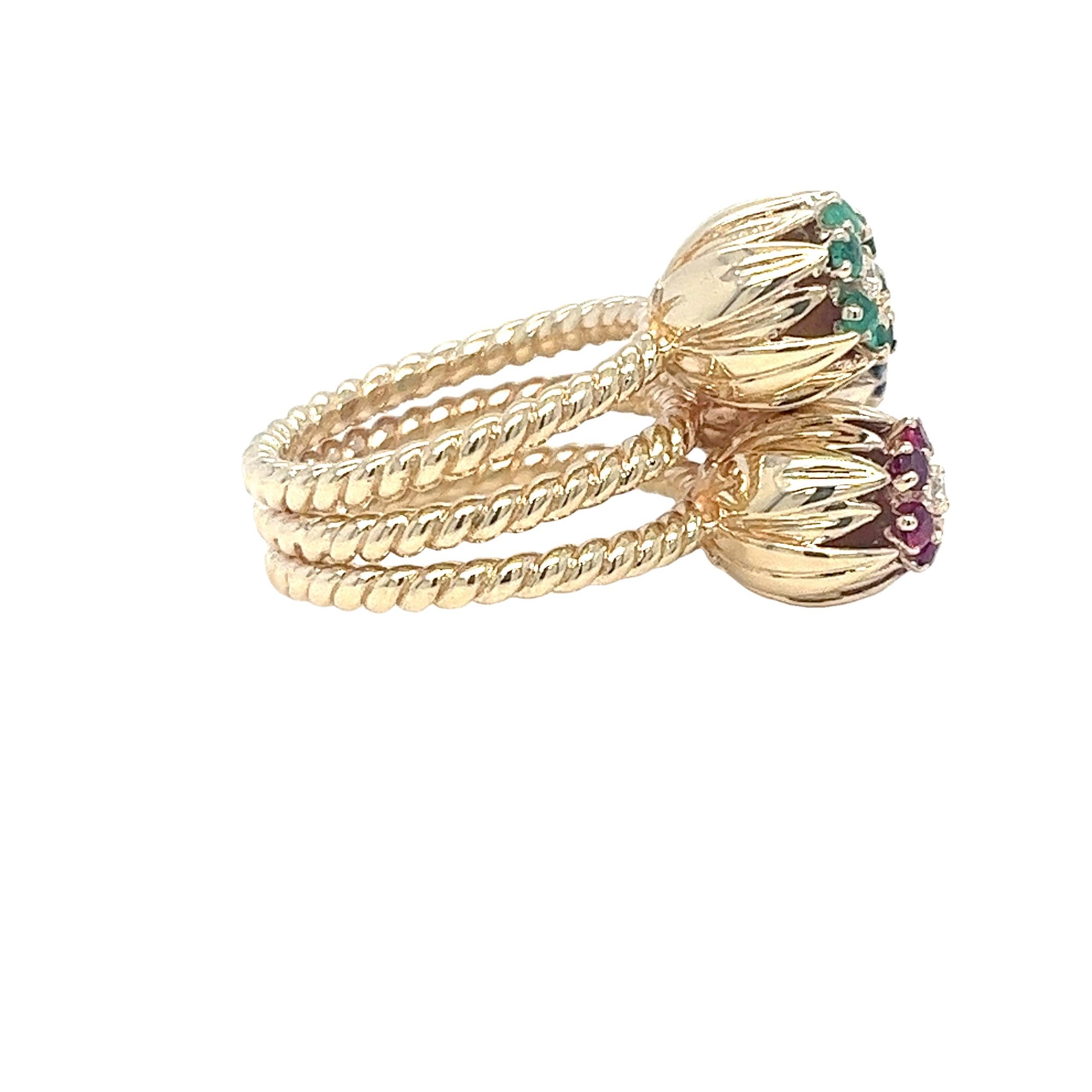 Women's Triple Flower Ring Featuring Ruby, Sapphire, and Emerald