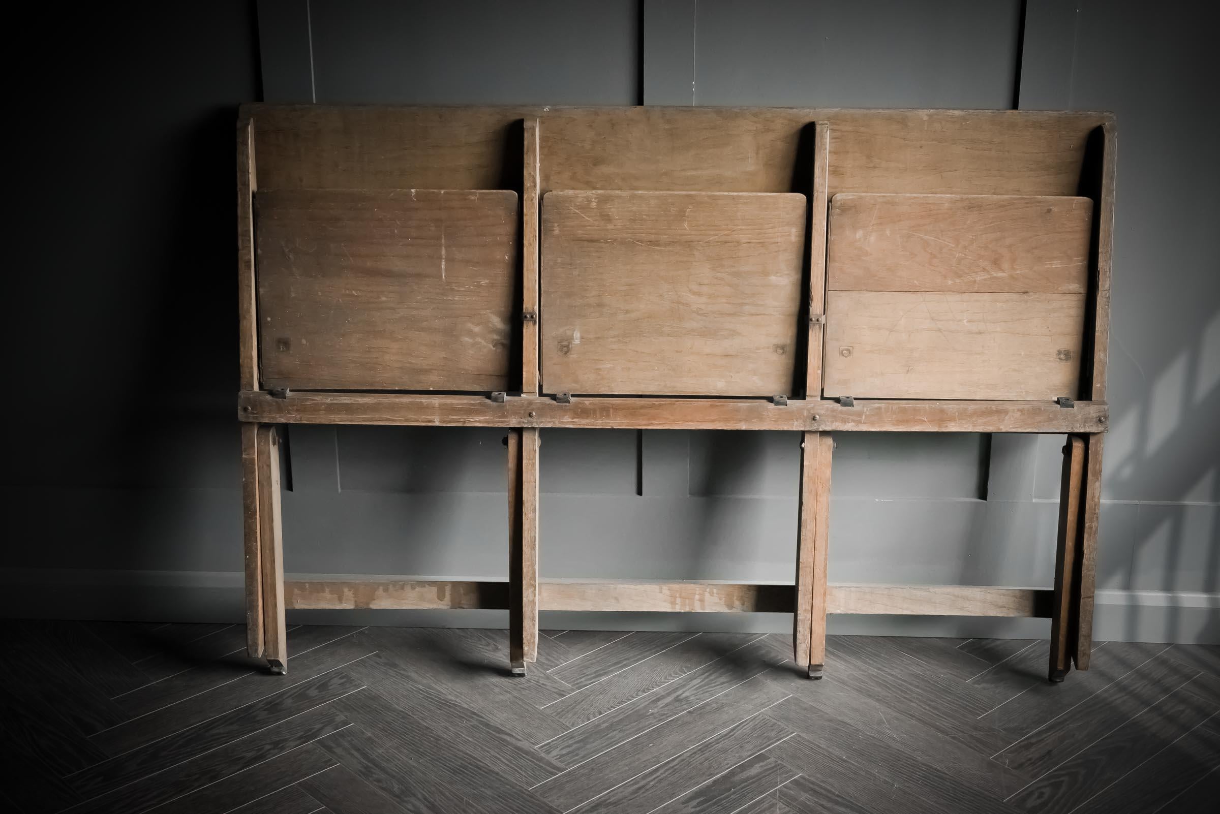 Trio of norfolk folding benches made in solid wood, C.1930.