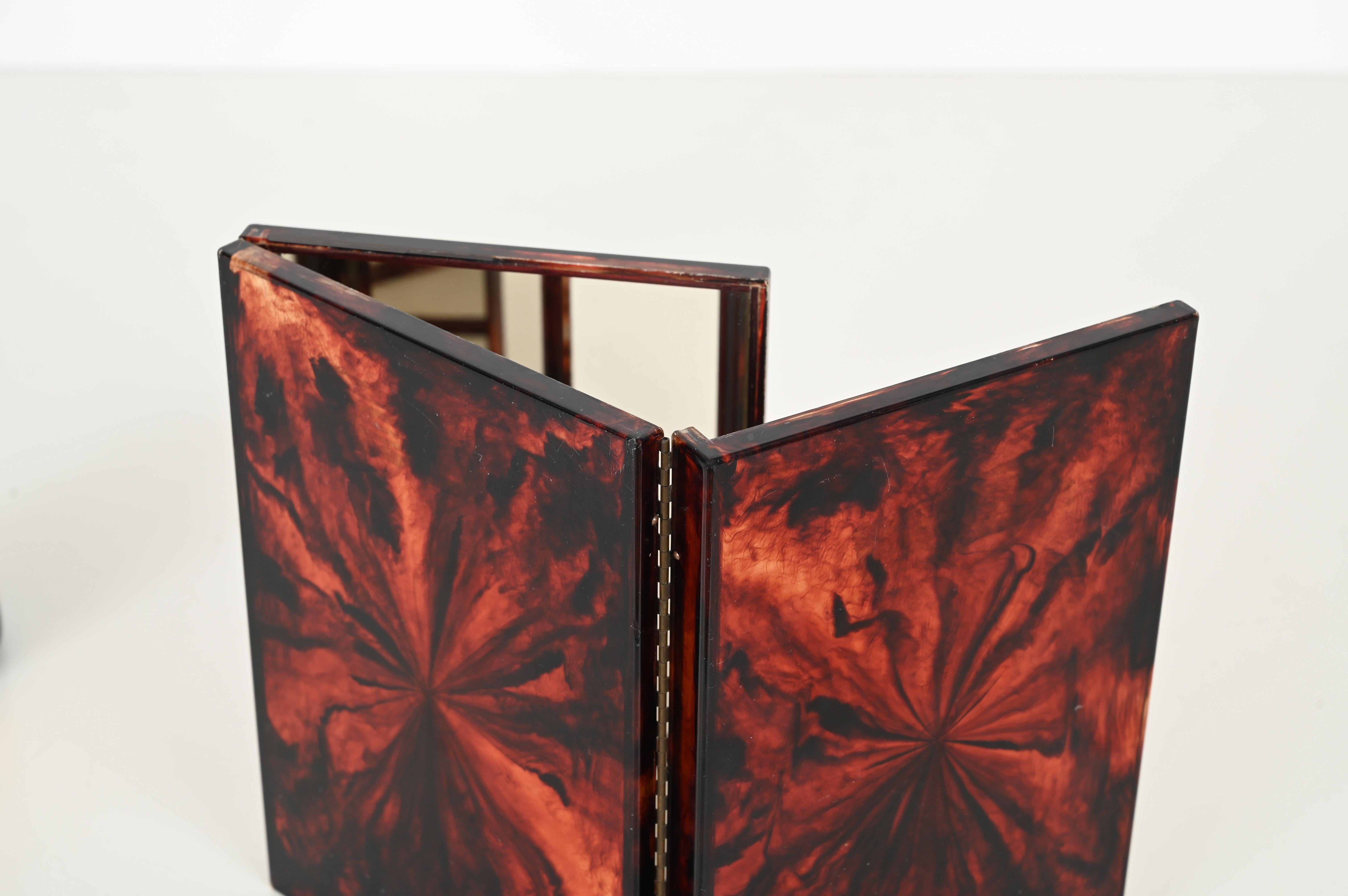 Triple Folding Table Mirror in Tortoiseshell Lucite, Vanity, Dior, Italy 1970s 6