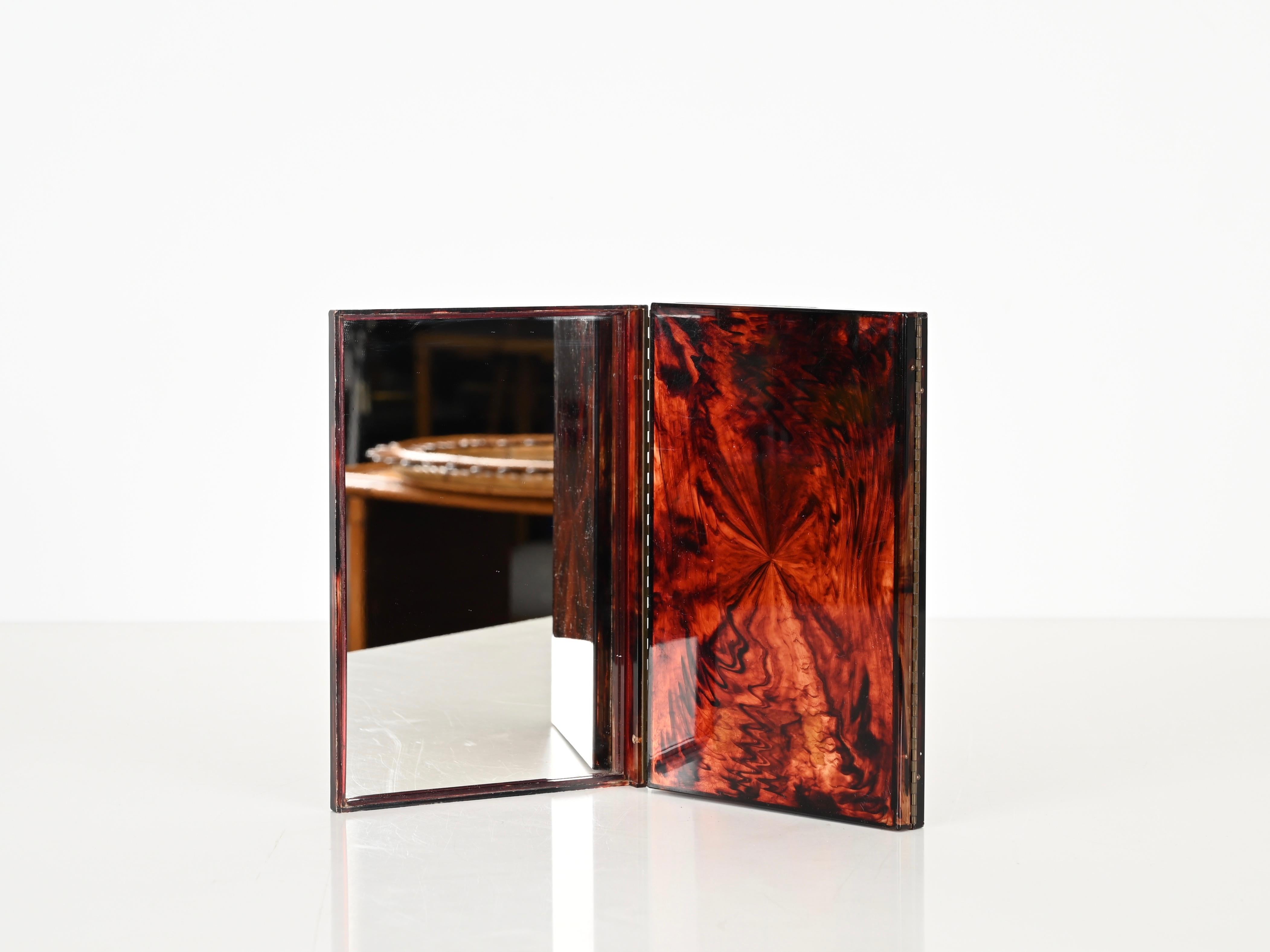 Mid-Century Modern Triple Folding Table Mirror in Tortoiseshell Lucite, Vanity, Dior, Italy 1970s
