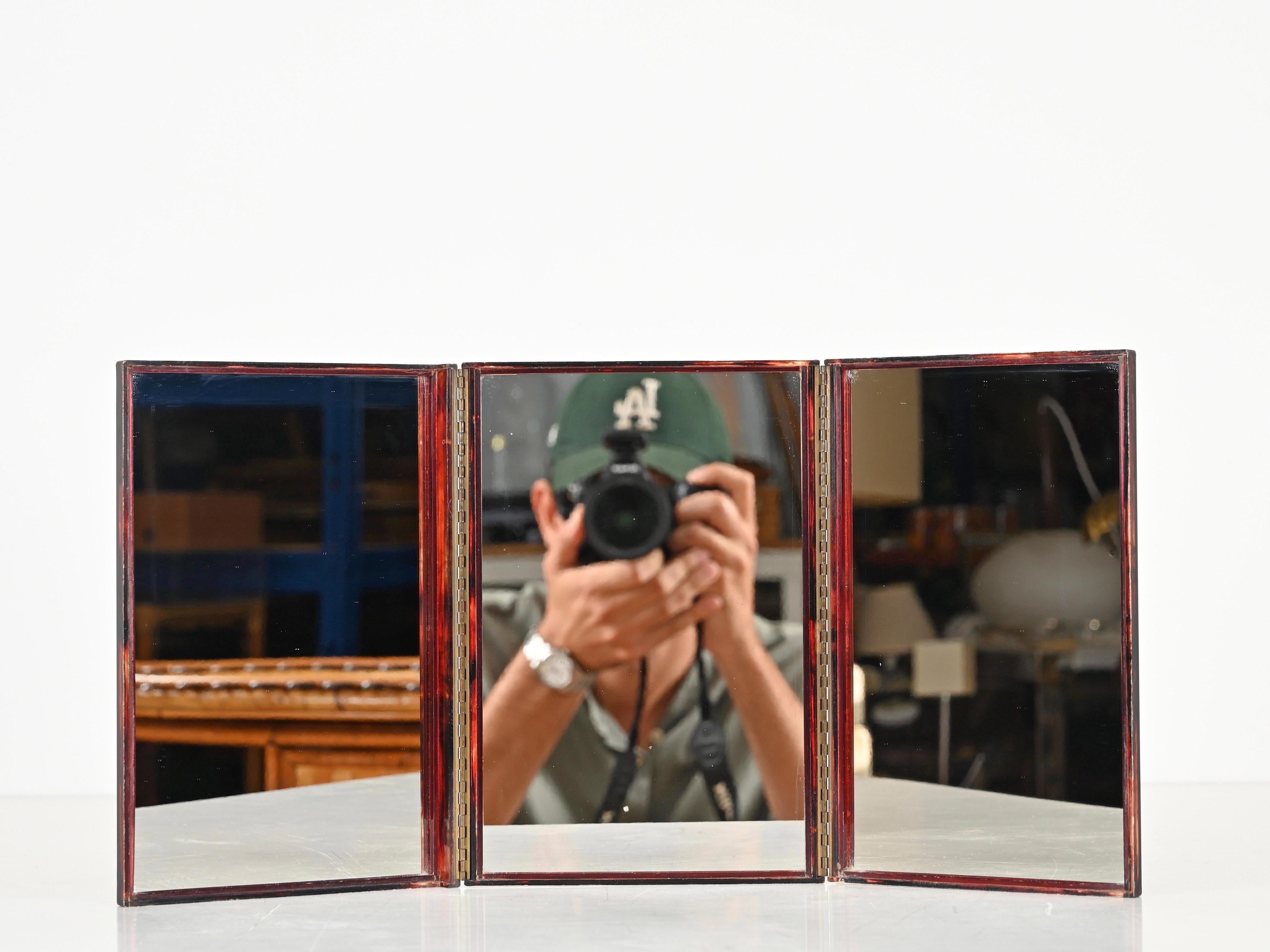 Italian Triple Folding Table Mirror in Tortoiseshell Lucite, Vanity, Dior, Italy 1970s