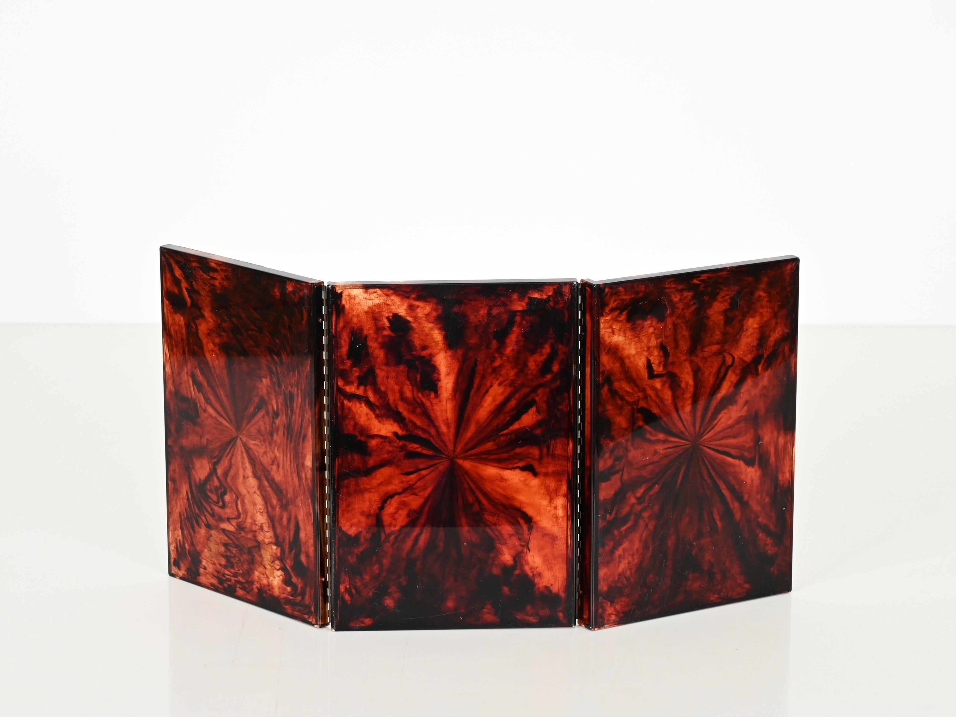 Hand-Crafted Triple Folding Table Mirror in Tortoiseshell Lucite, Vanity, Dior, Italy 1970s