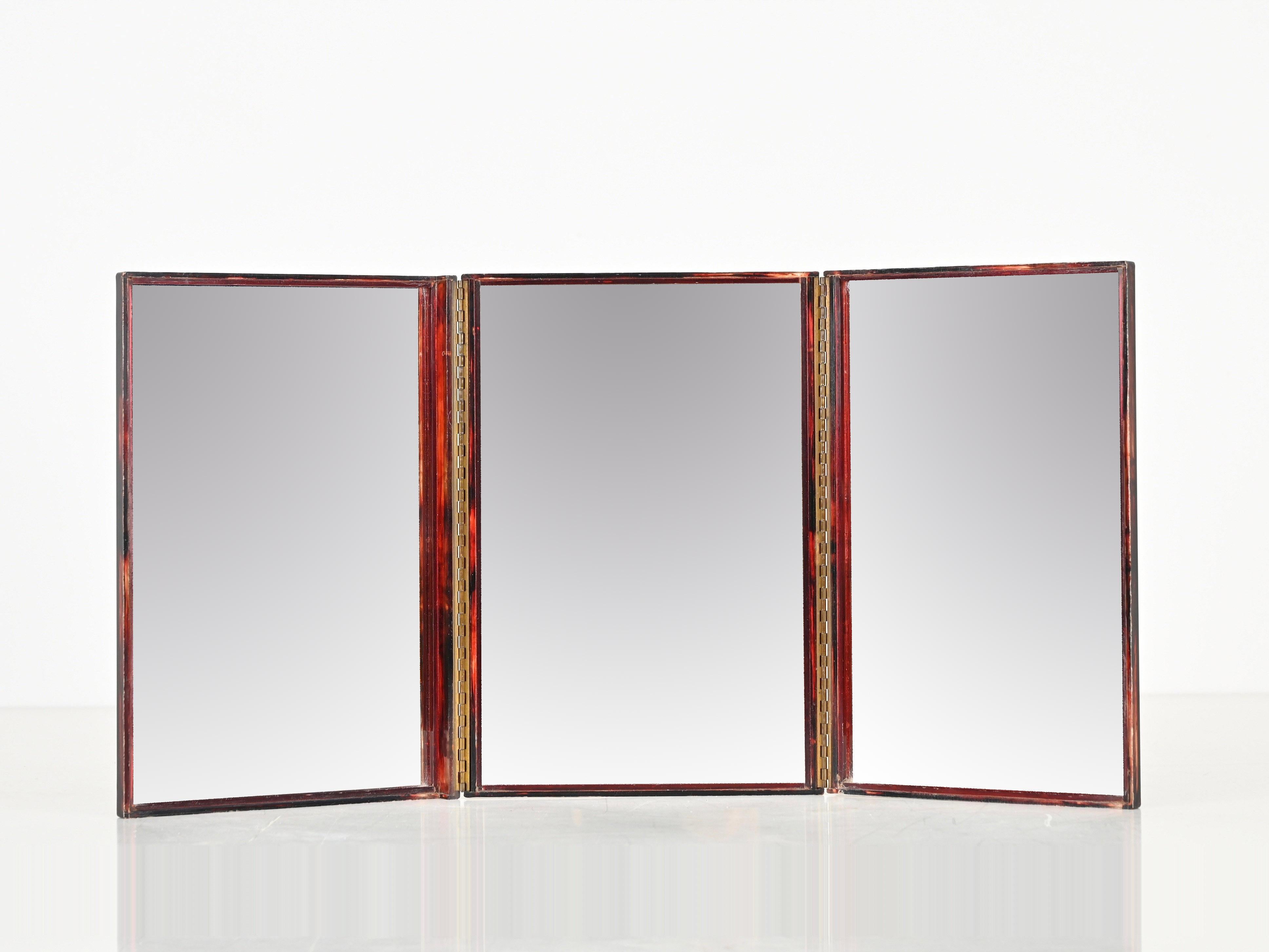 20th Century Triple Folding Table Mirror in Tortoiseshell Lucite, Vanity, Dior, Italy 1970s