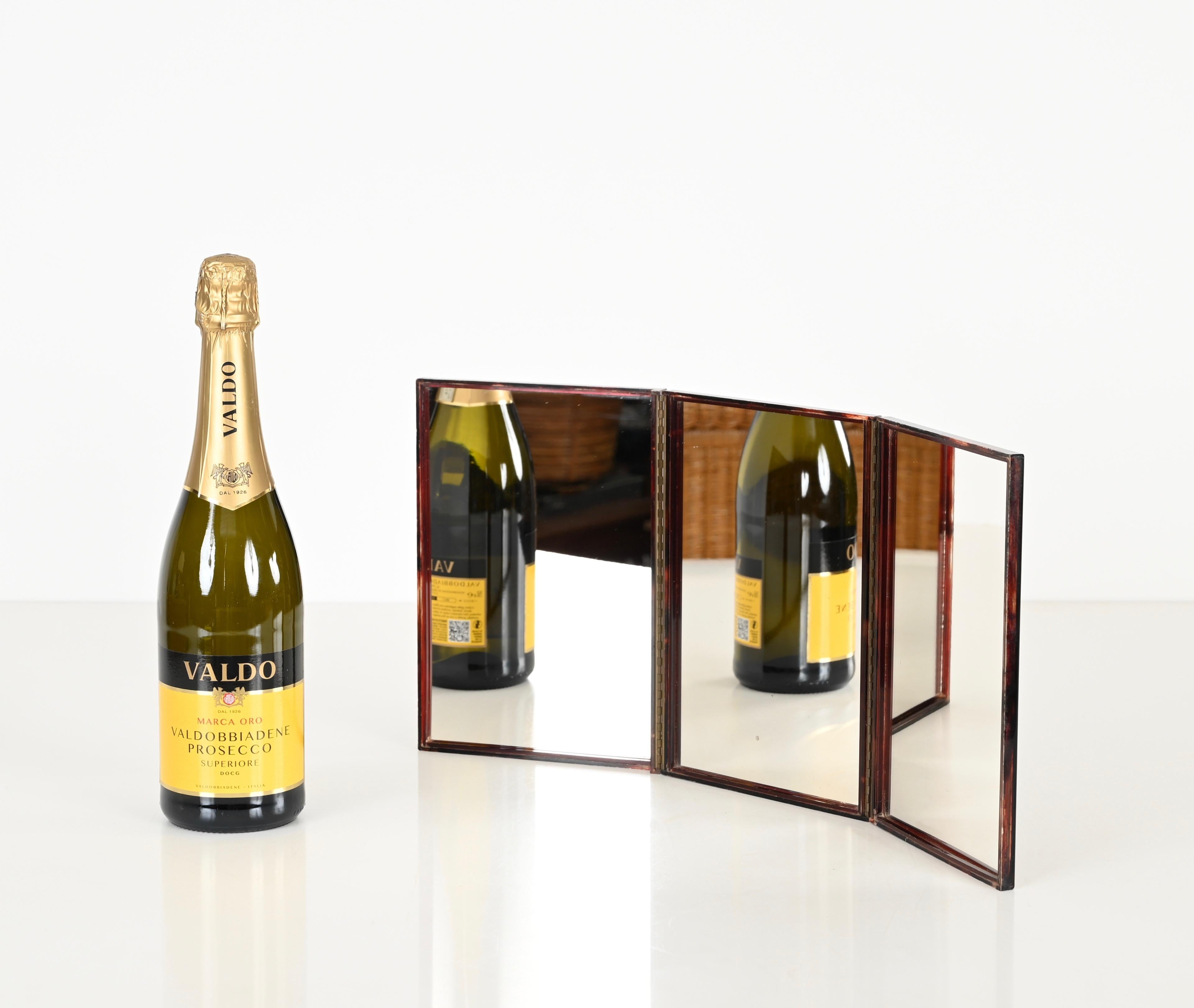 Triple Folding Table Mirror in Tortoiseshell Lucite, Vanity, Dior, Italy 1970s 1