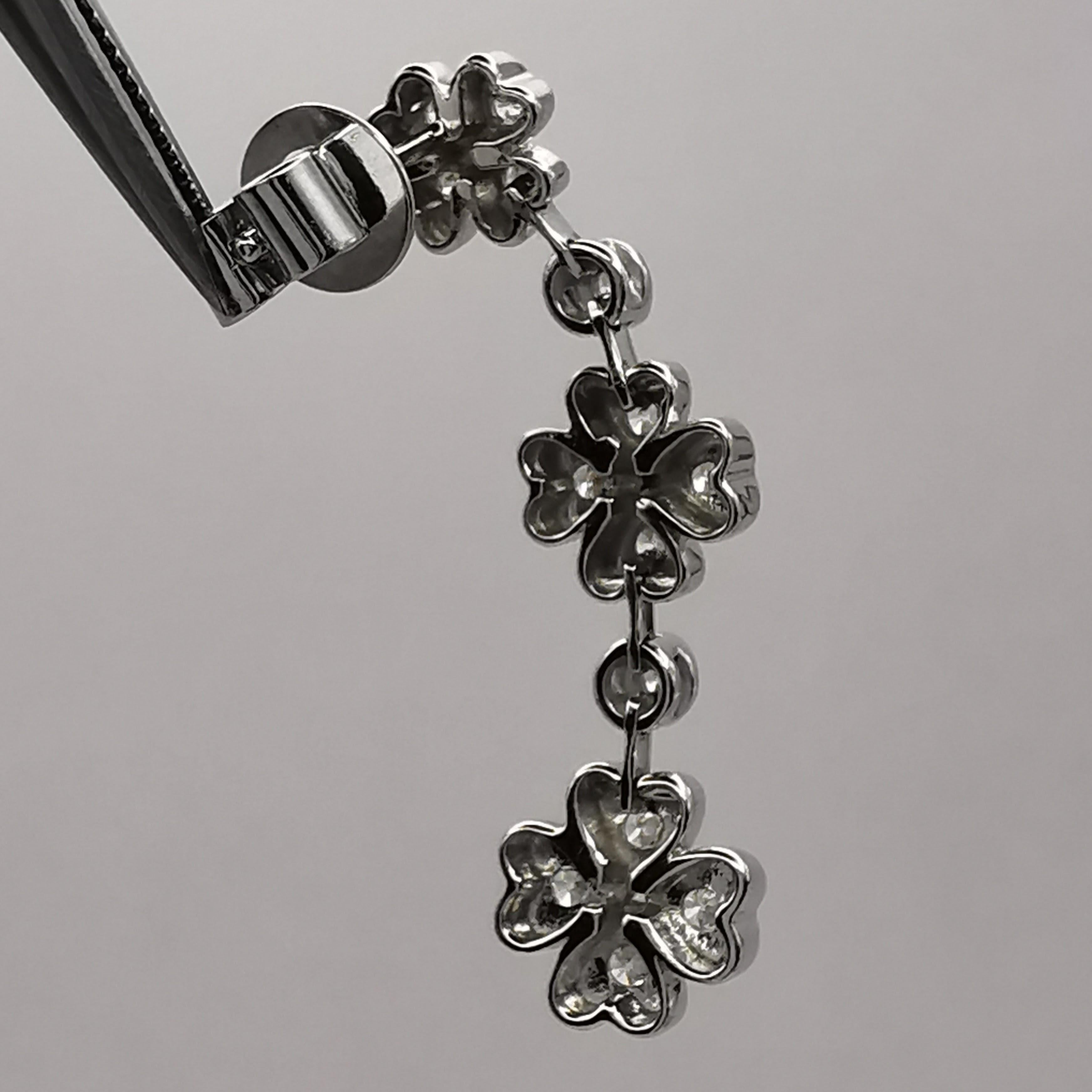 Triple Four-Leaf Clover 1 Carat Diamond Dangling Earrings in 18K White Gold For Sale 7