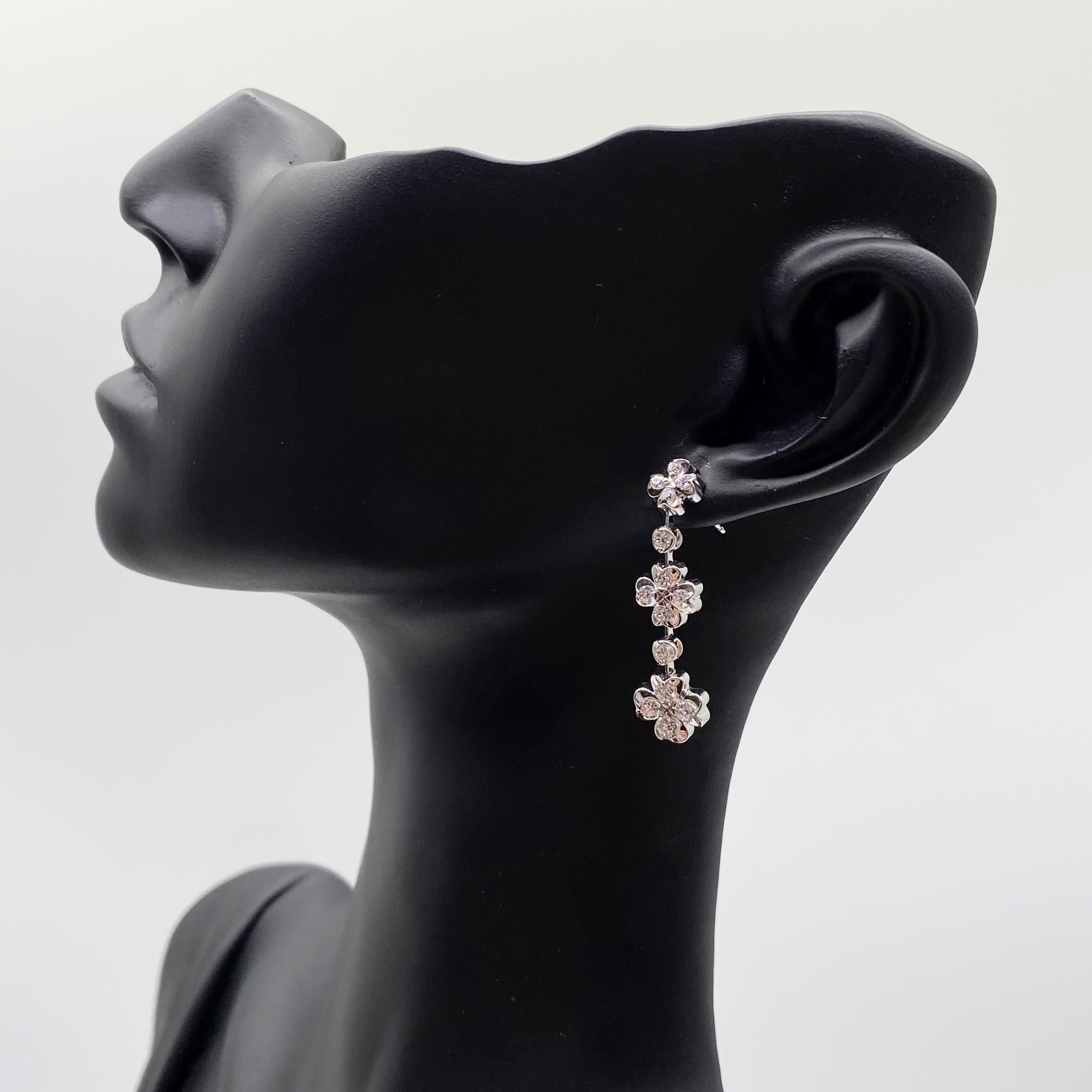 Triple Four-Leaf Clover 1 Carat Diamond Dangling Earrings in 18K White Gold For Sale 8