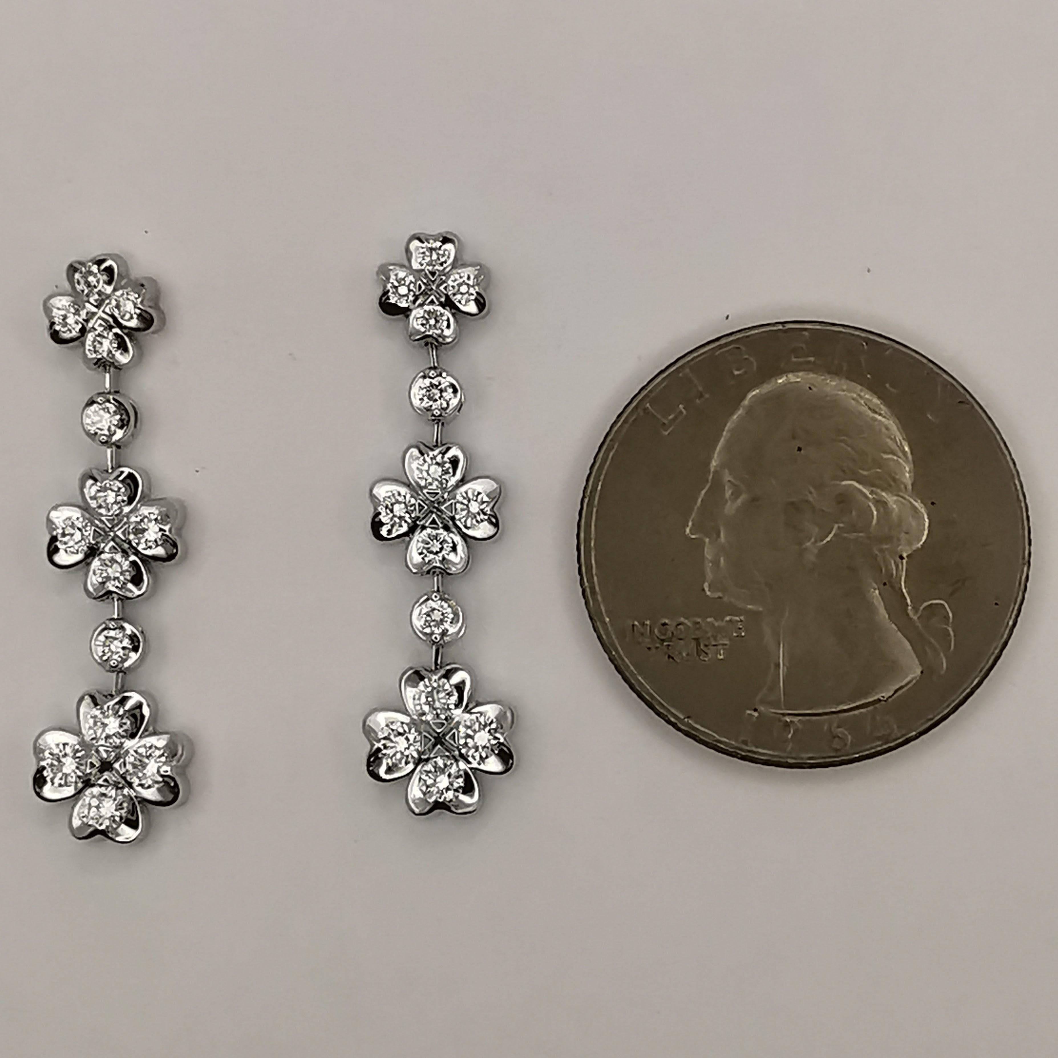 Women's Triple Four-Leaf Clover 1 Carat Diamond Dangling Earrings in 18K White Gold For Sale