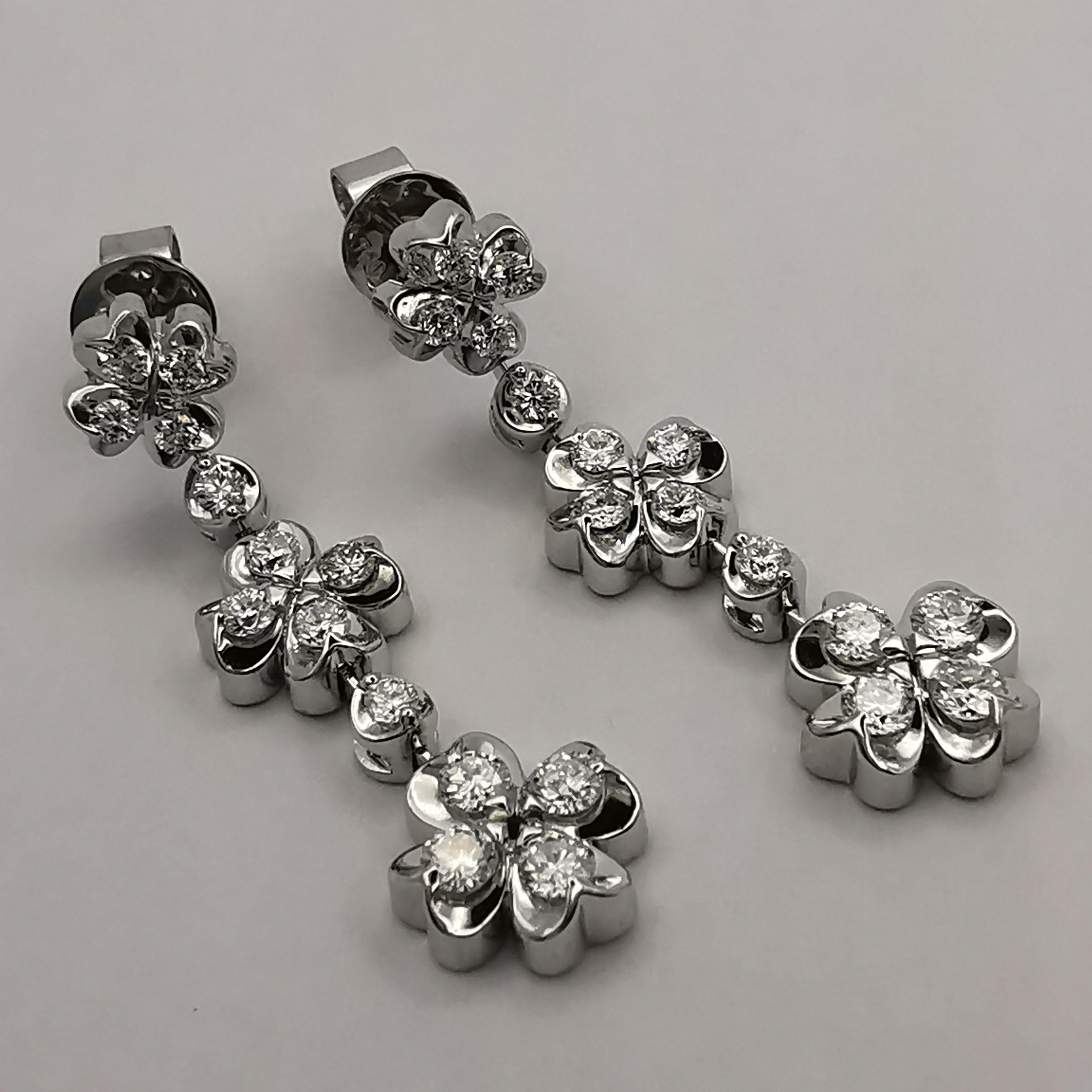 Triple Four-Leaf Clover 1 Carat Diamond Dangling Earrings in 18K White Gold For Sale 1