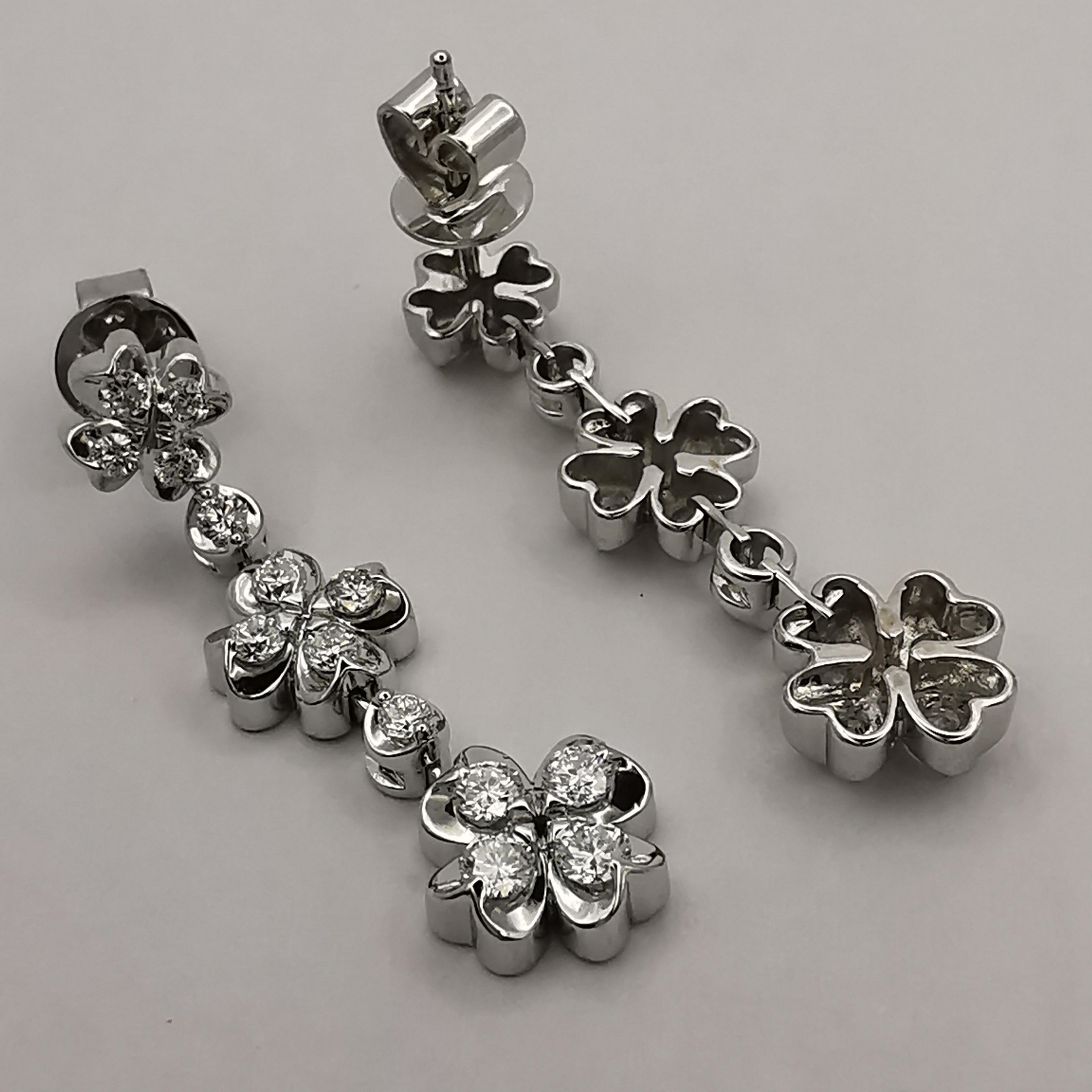 Triple Four-Leaf Clover 1 Carat Diamond Dangling Earrings in 18K White Gold For Sale 2
