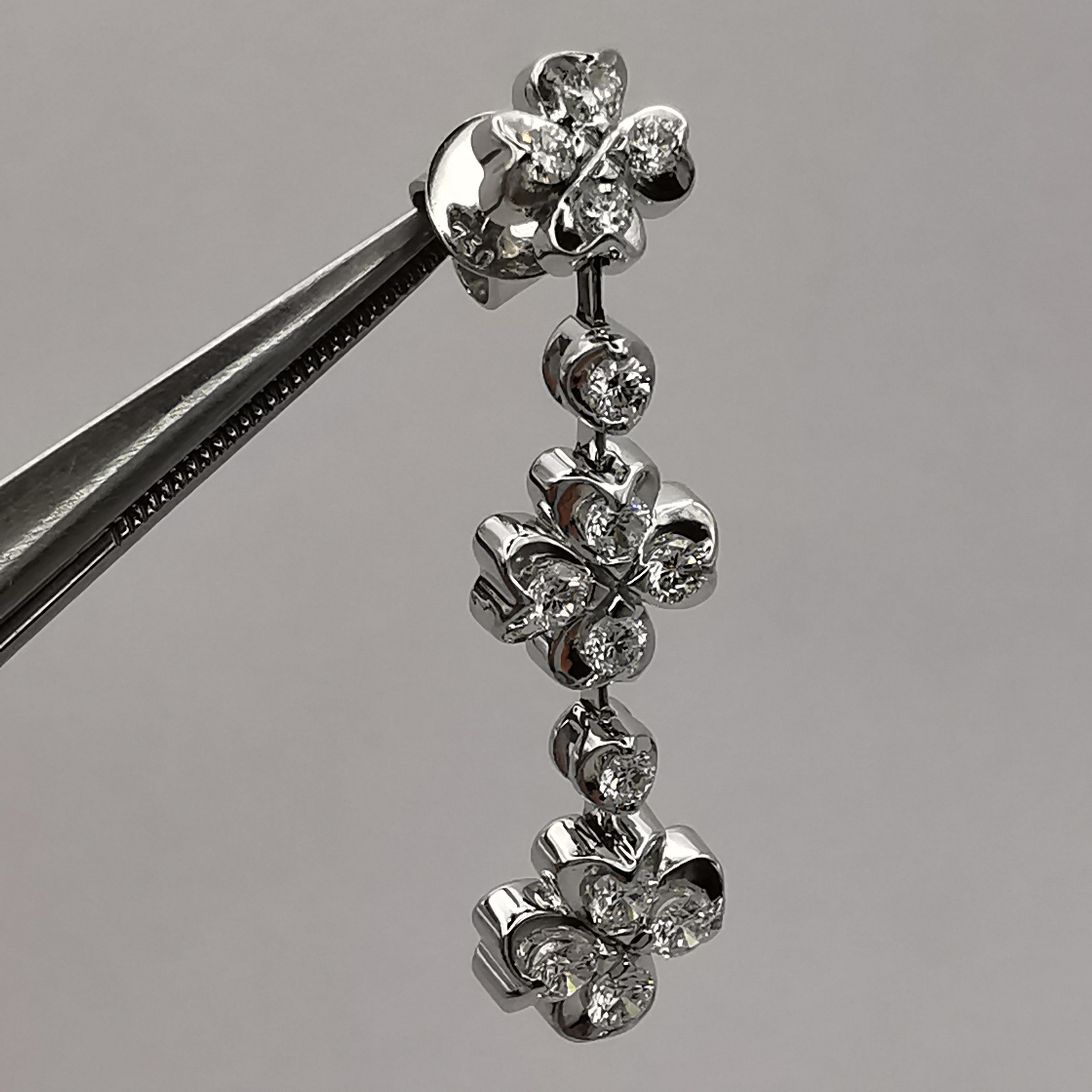 Triple Four-Leaf Clover 1 Carat Diamond Dangling Earrings in 18K White Gold For Sale 4
