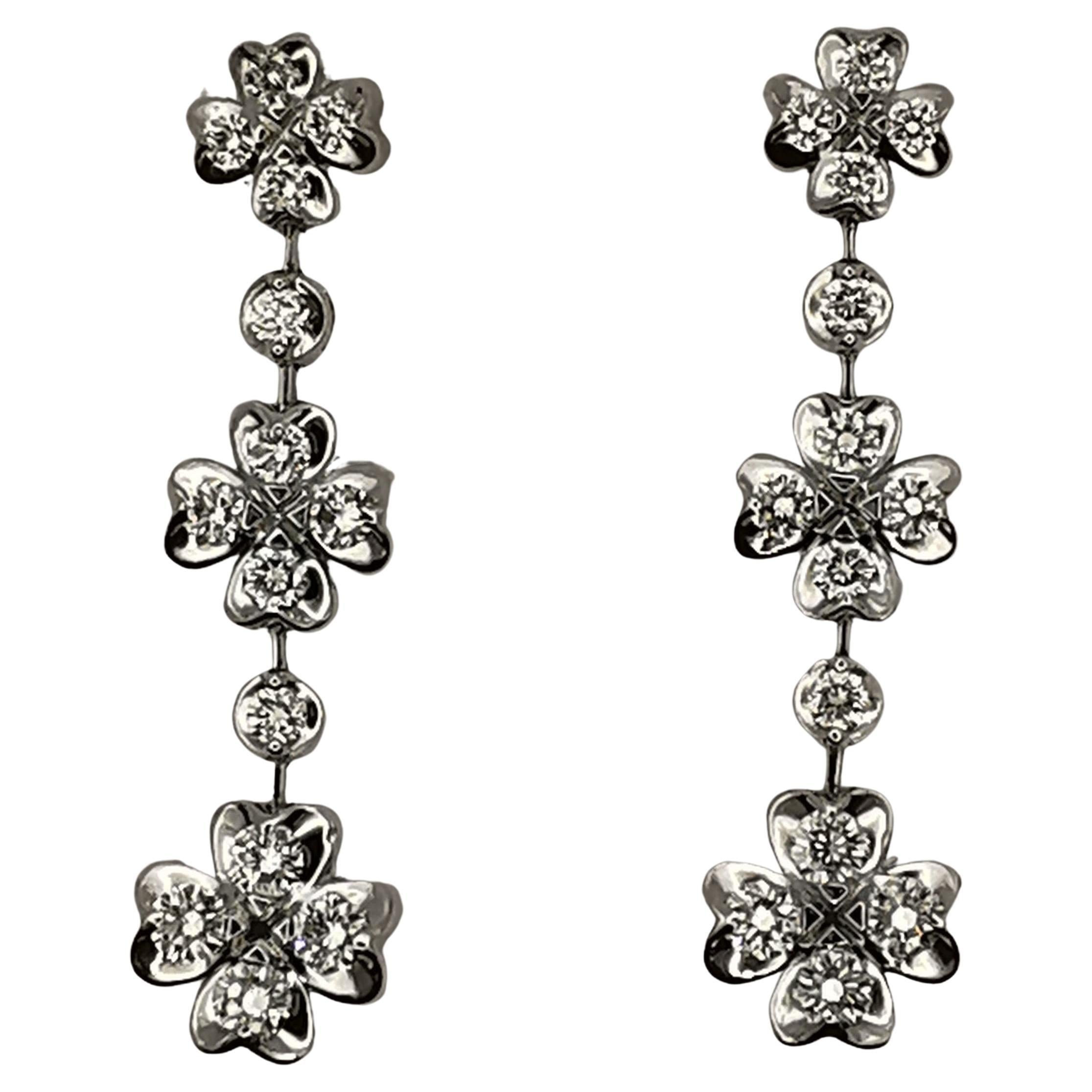 Triple Four-Leaf Clover 1 Carat Diamond Dangling Earrings in 18K White Gold For Sale