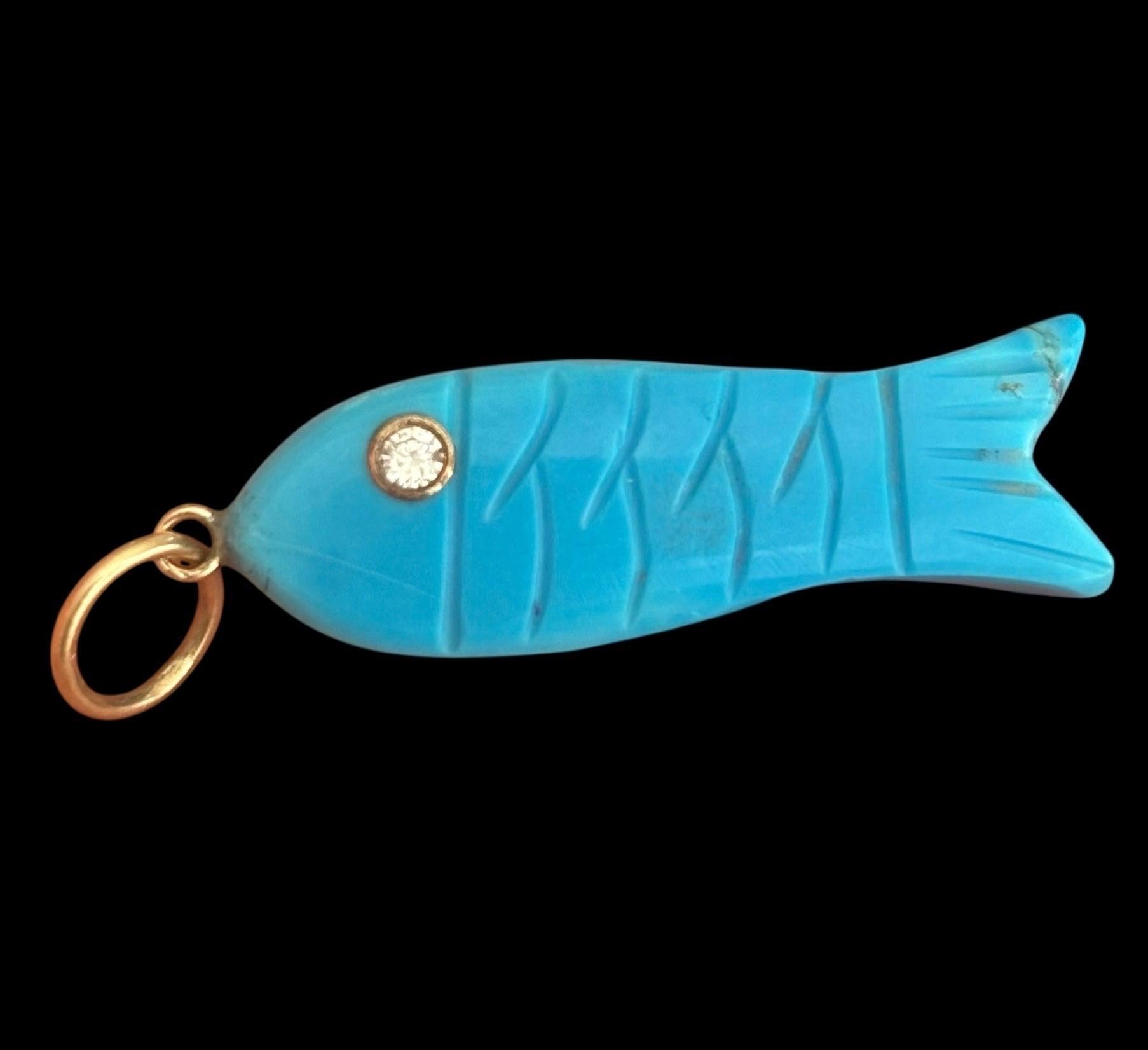 da uomo o donna Ciondolo a forma di pesce con tre gemme, turchese, diamante, zaffiro rosa e oro 14k in vendita