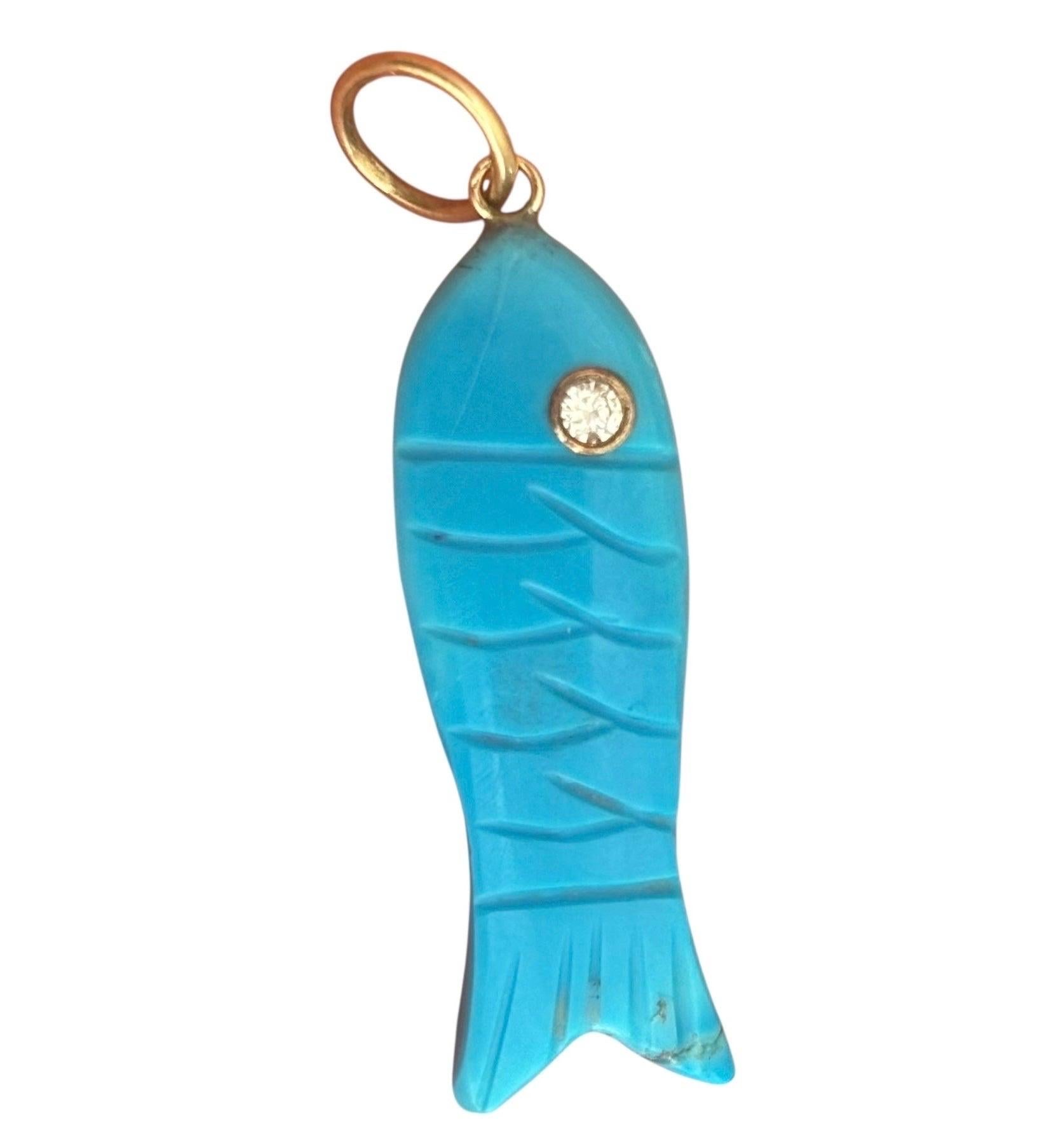 Ciondolo a forma di pesce con tre gemme, turchese, diamante, zaffiro rosa e oro 14k in vendita 2