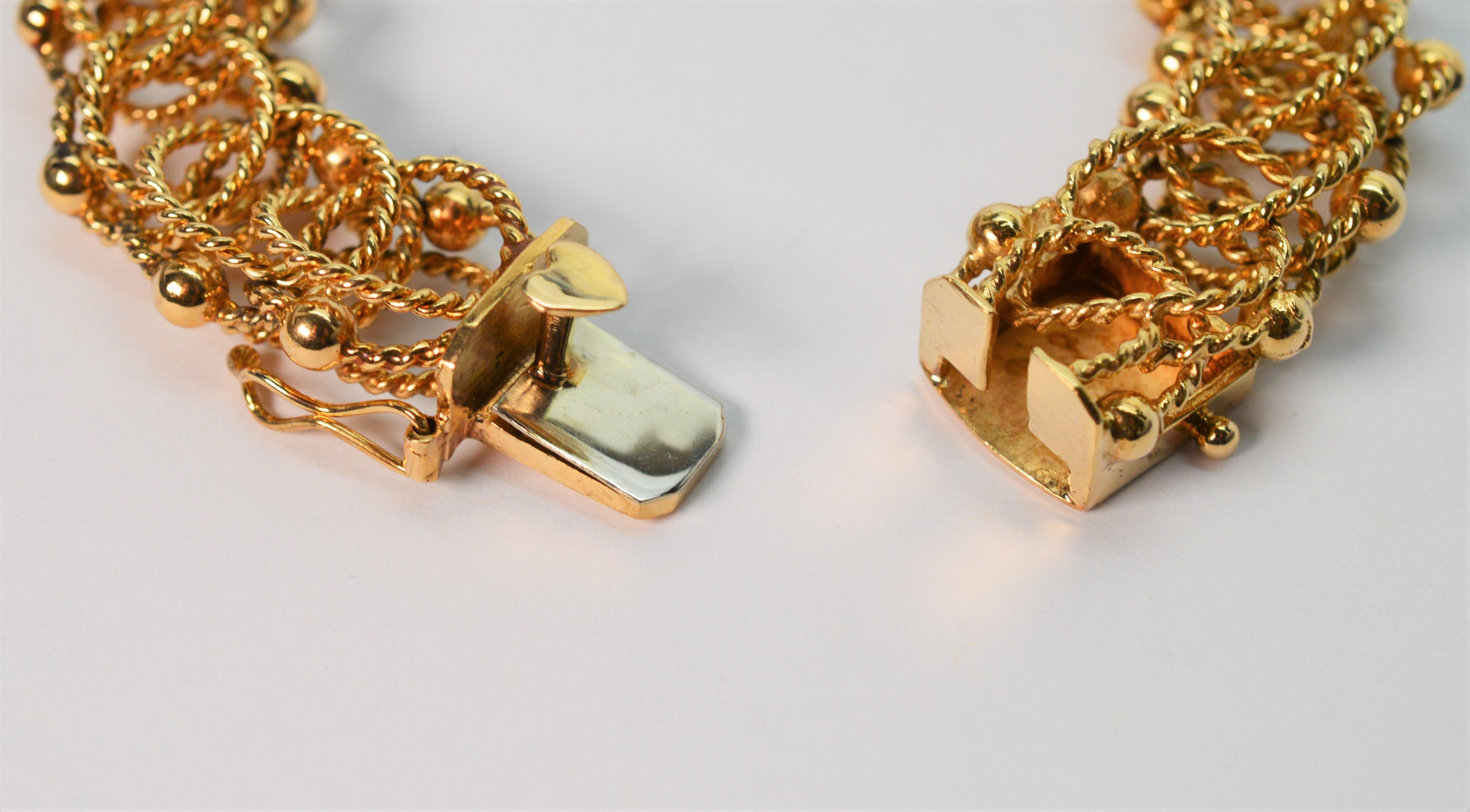 Women's Triple Gold Rope Twist Link 14K Yellow Gold Charm Bracelet For Sale