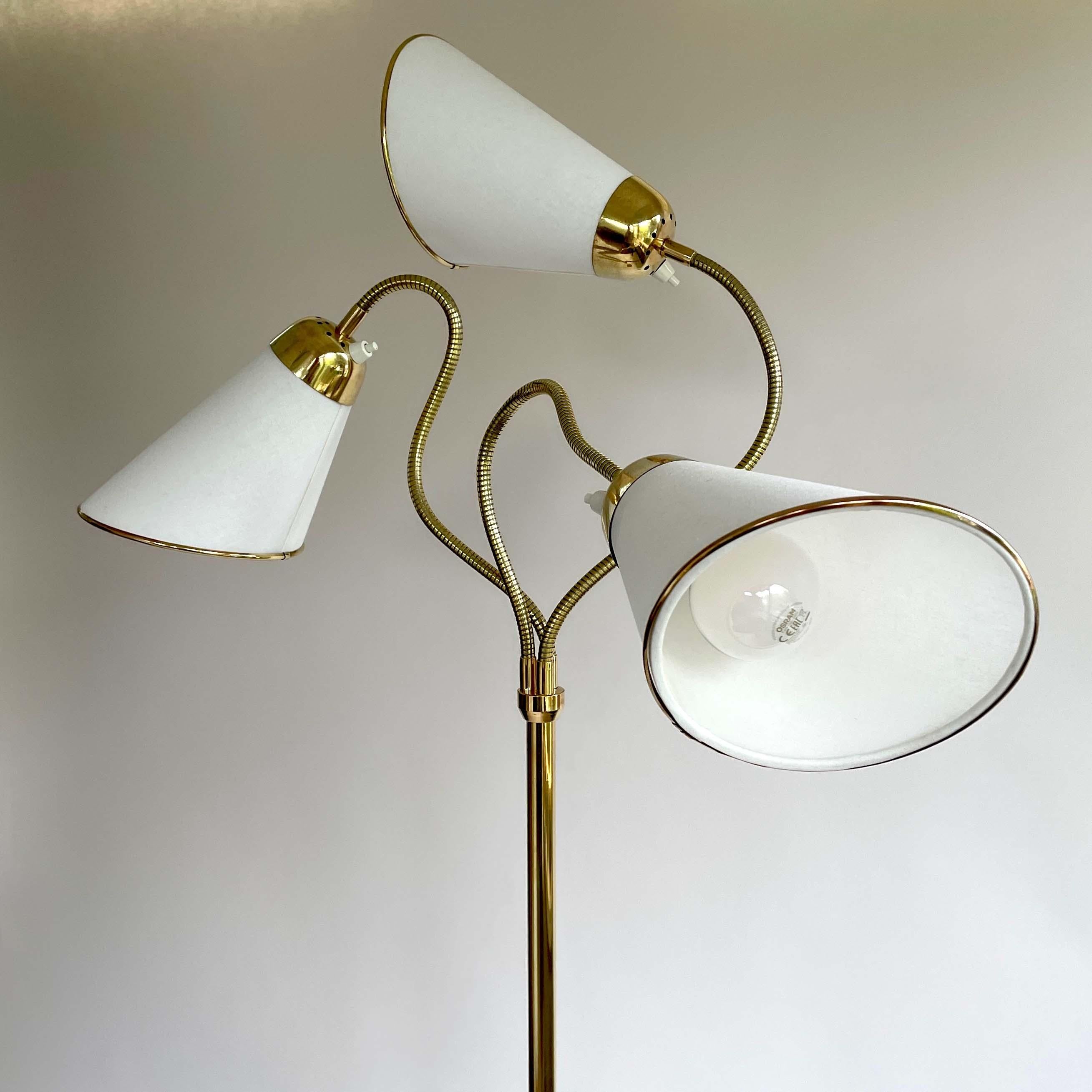 Triple Gooseneck Brass & Off White Fabric Floor Lamp, Sweden 1950s For Sale 4