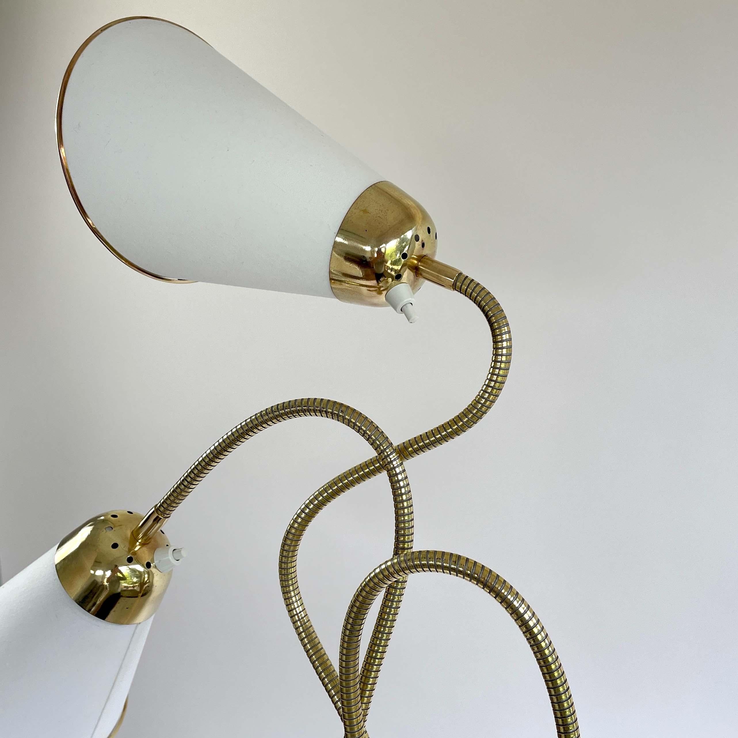 Triple Gooseneck Brass & Off White Fabric Floor Lamp, Sweden 1950s For Sale 5