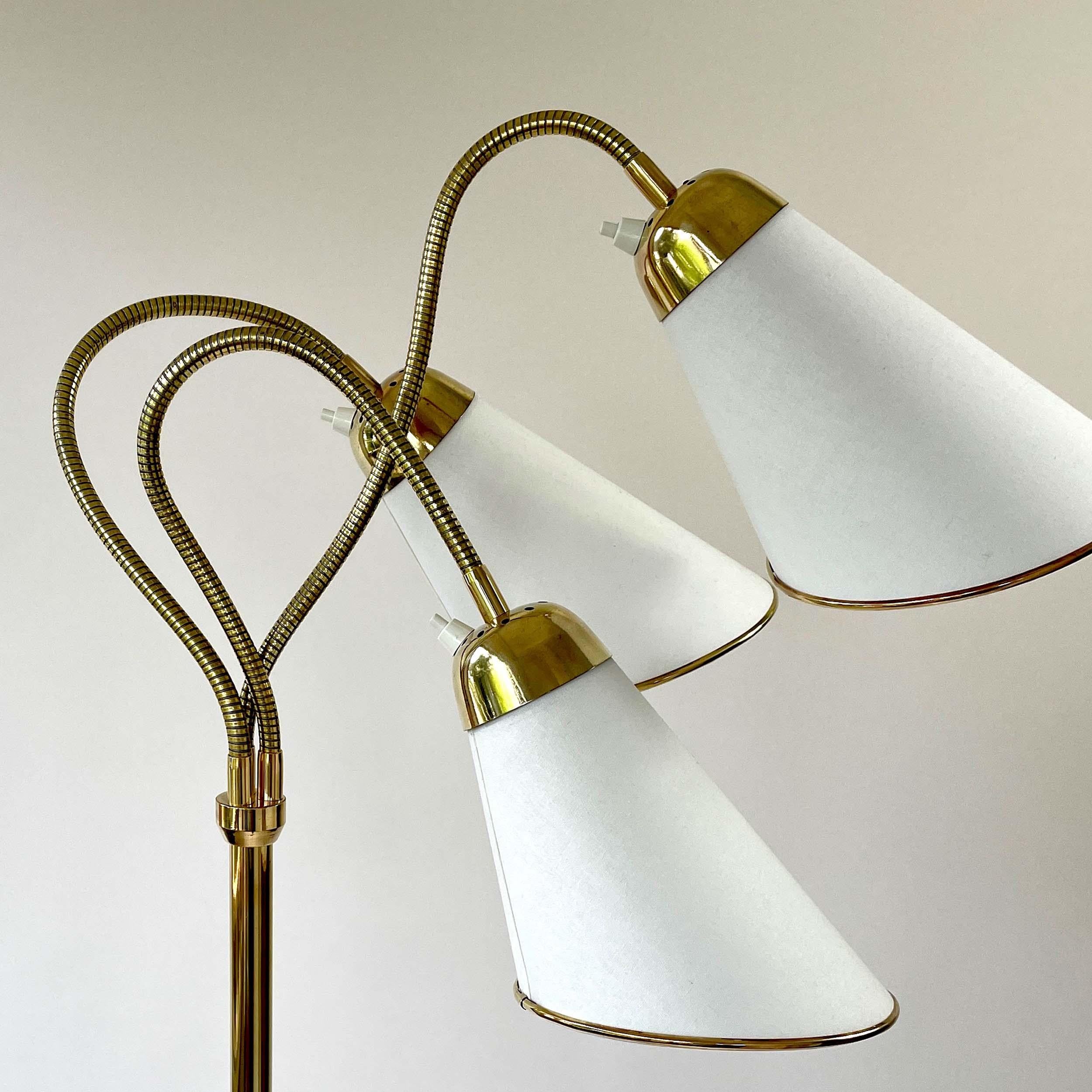 Triple Gooseneck Brass & Off White Fabric Floor Lamp, Sweden 1950s For Sale 6