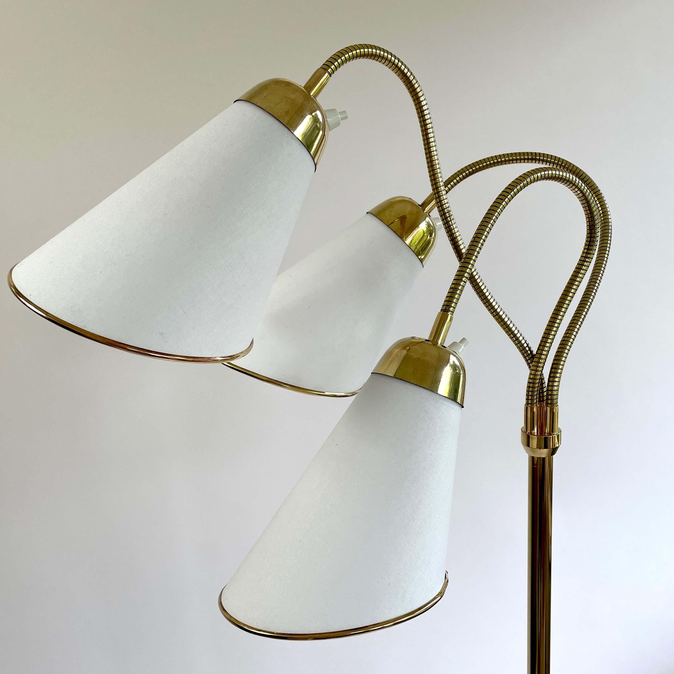 Triple Gooseneck Brass & Off White Fabric Floor Lamp, Sweden 1950s For Sale 7
