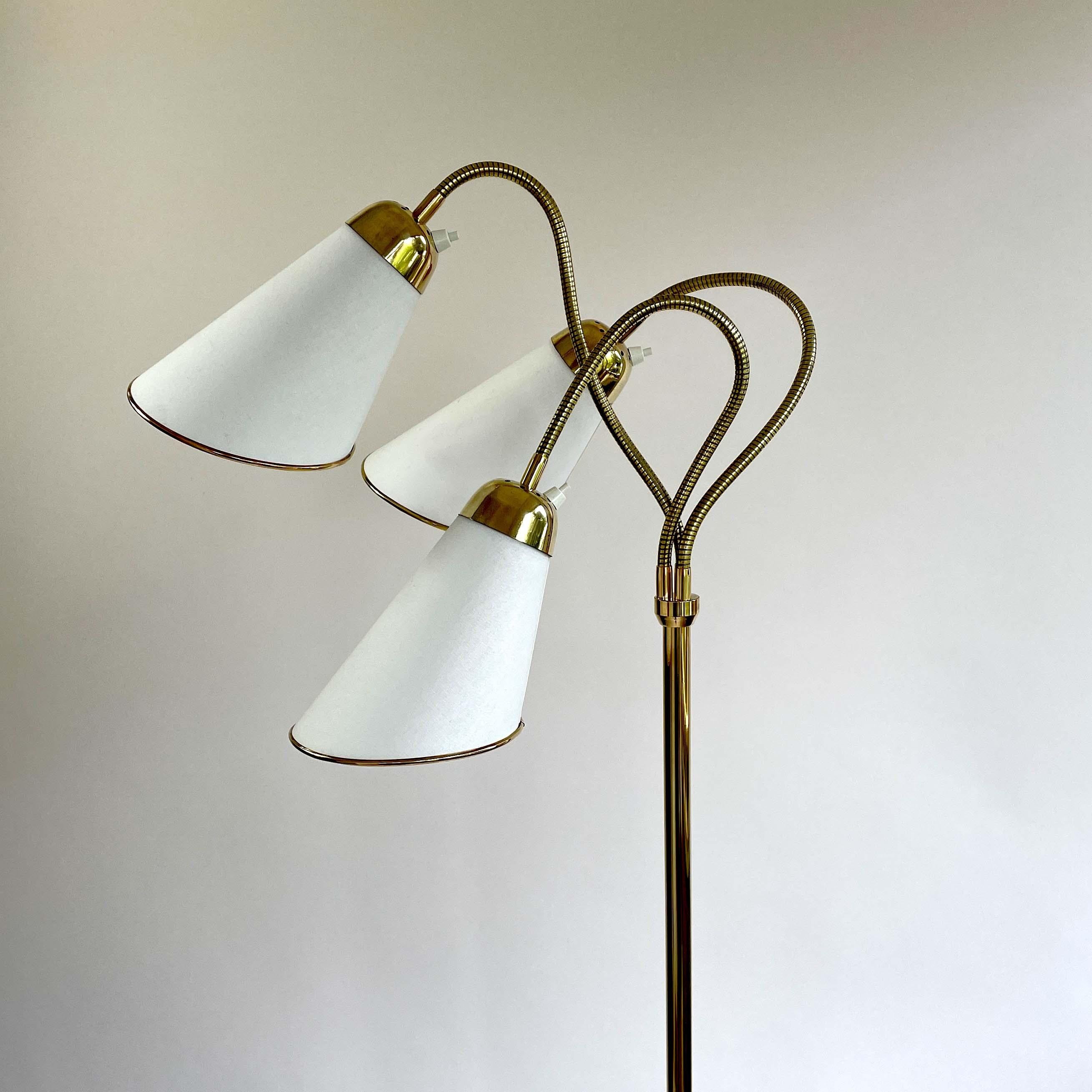Triple Gooseneck Brass & Off White Fabric Floor Lamp, Sweden 1950s For Sale 9