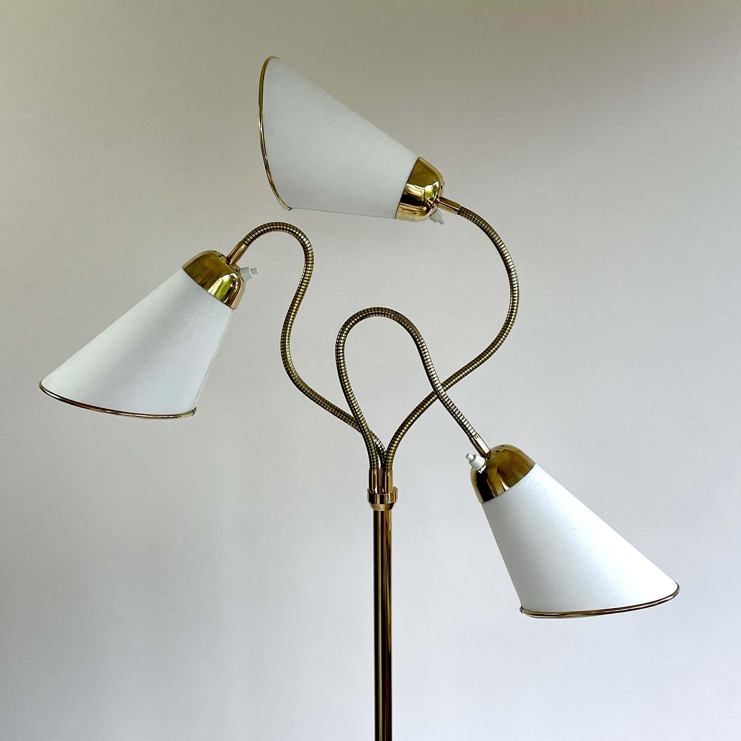 Mid-Century Modern Triple Gooseneck Brass & Off White Fabric Floor Lamp, Sweden 1950s For Sale