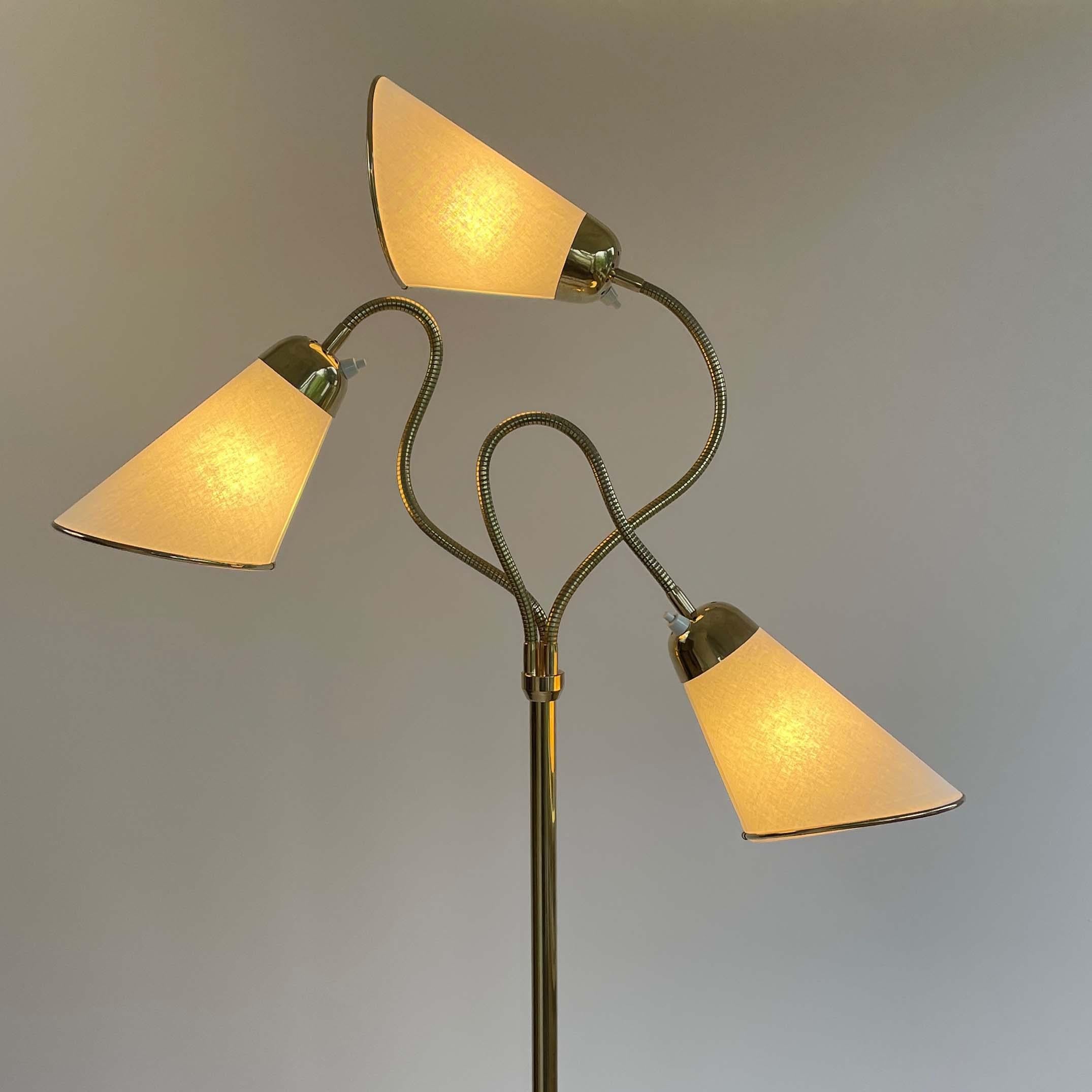 Swedish Triple Gooseneck Brass & Off White Fabric Floor Lamp, Sweden 1950s For Sale