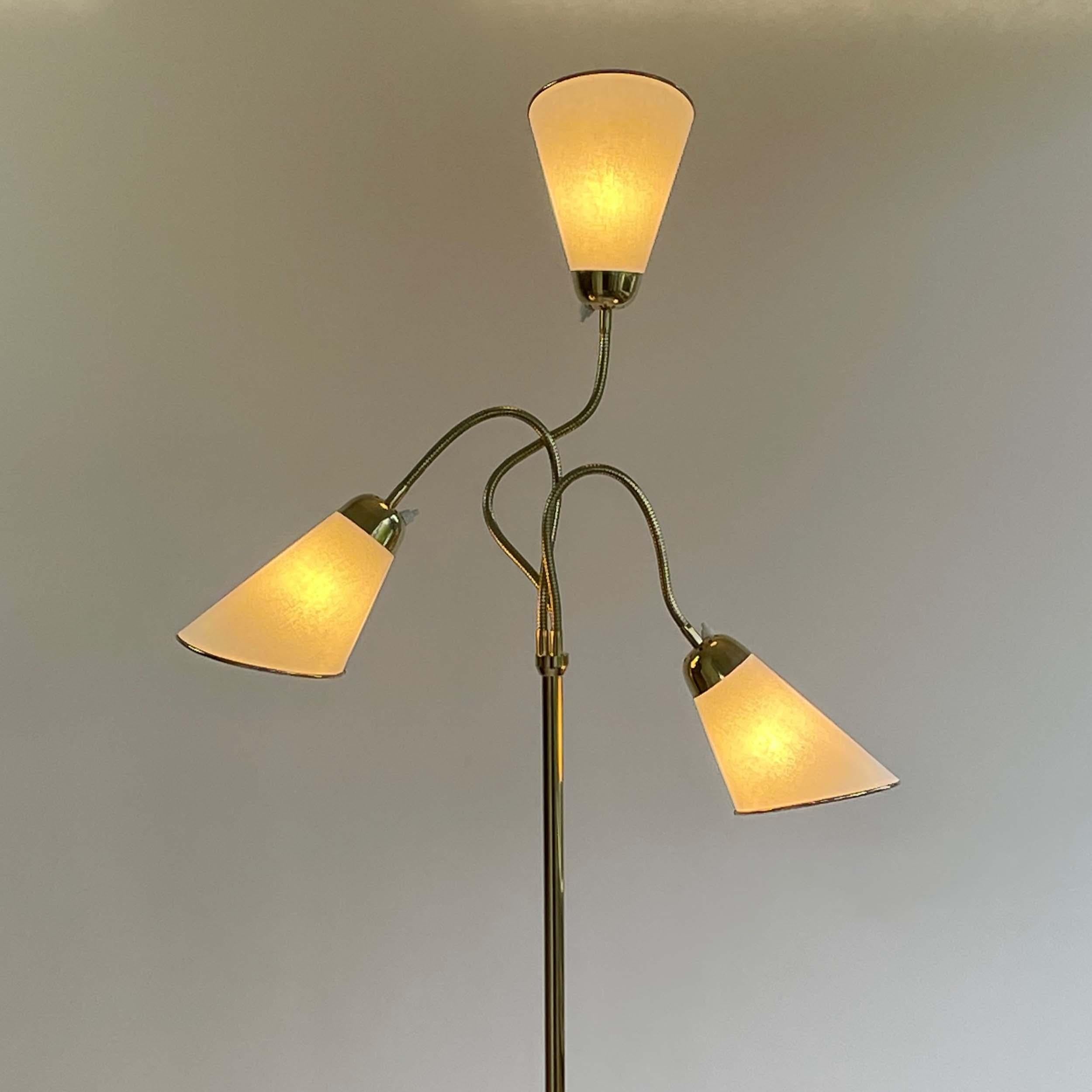 Mid-20th Century Triple Gooseneck Brass & Off White Fabric Floor Lamp, Sweden 1950s For Sale