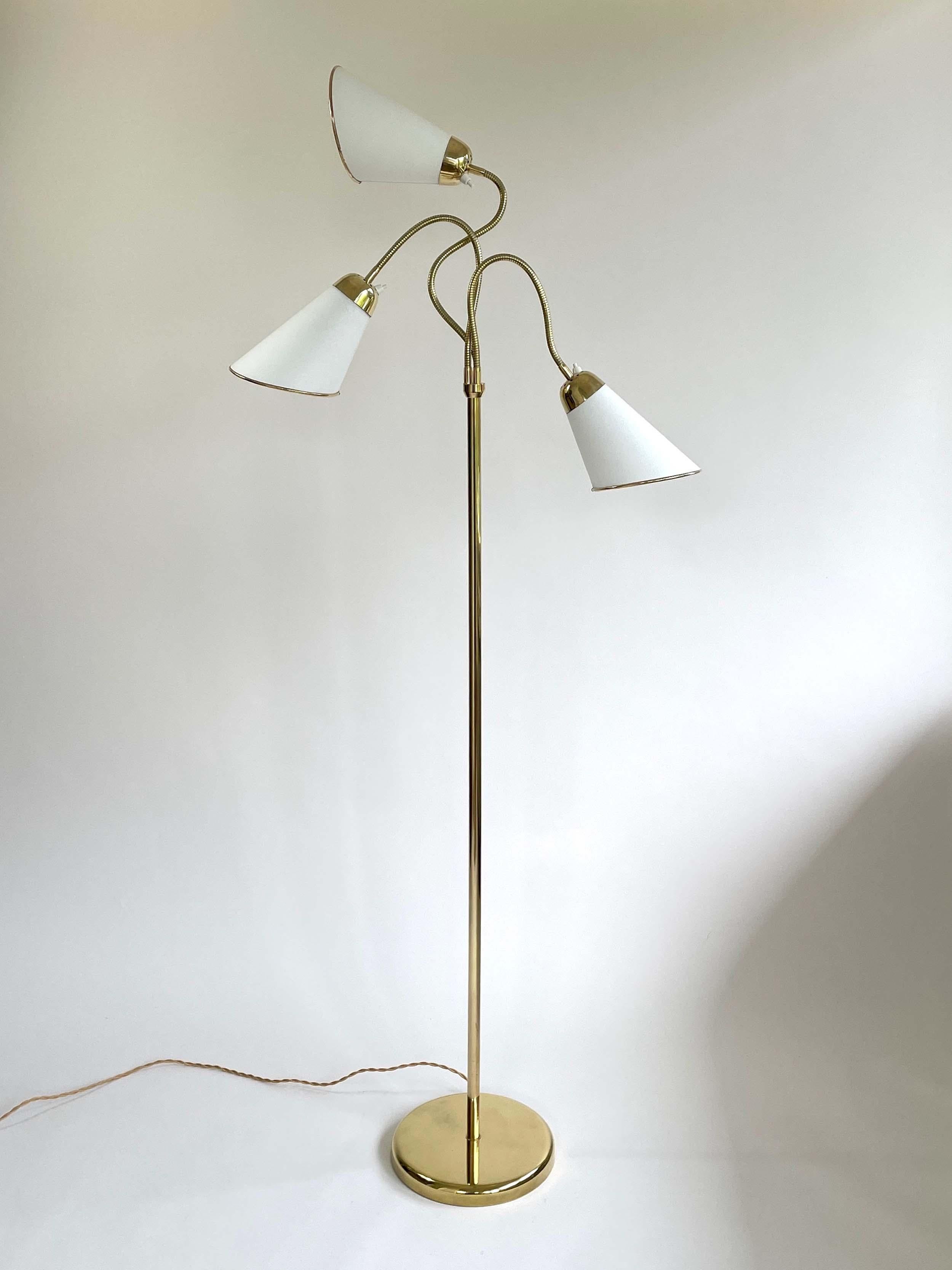 Triple Gooseneck Brass & Off White Fabric Floor Lamp, Sweden 1950s For Sale 1