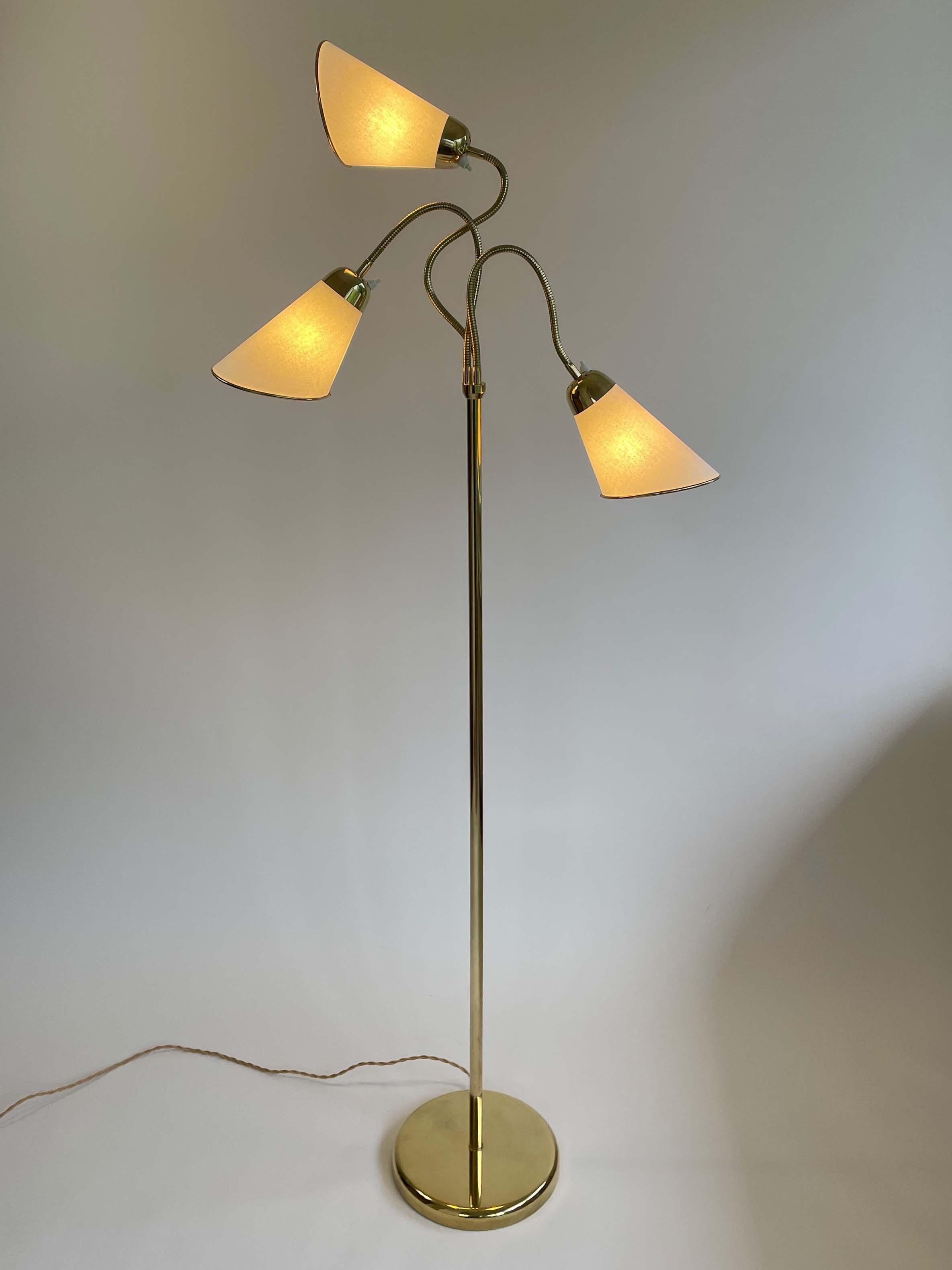 Triple Gooseneck Brass & Off White Fabric Floor Lamp, Sweden 1950s For Sale 2