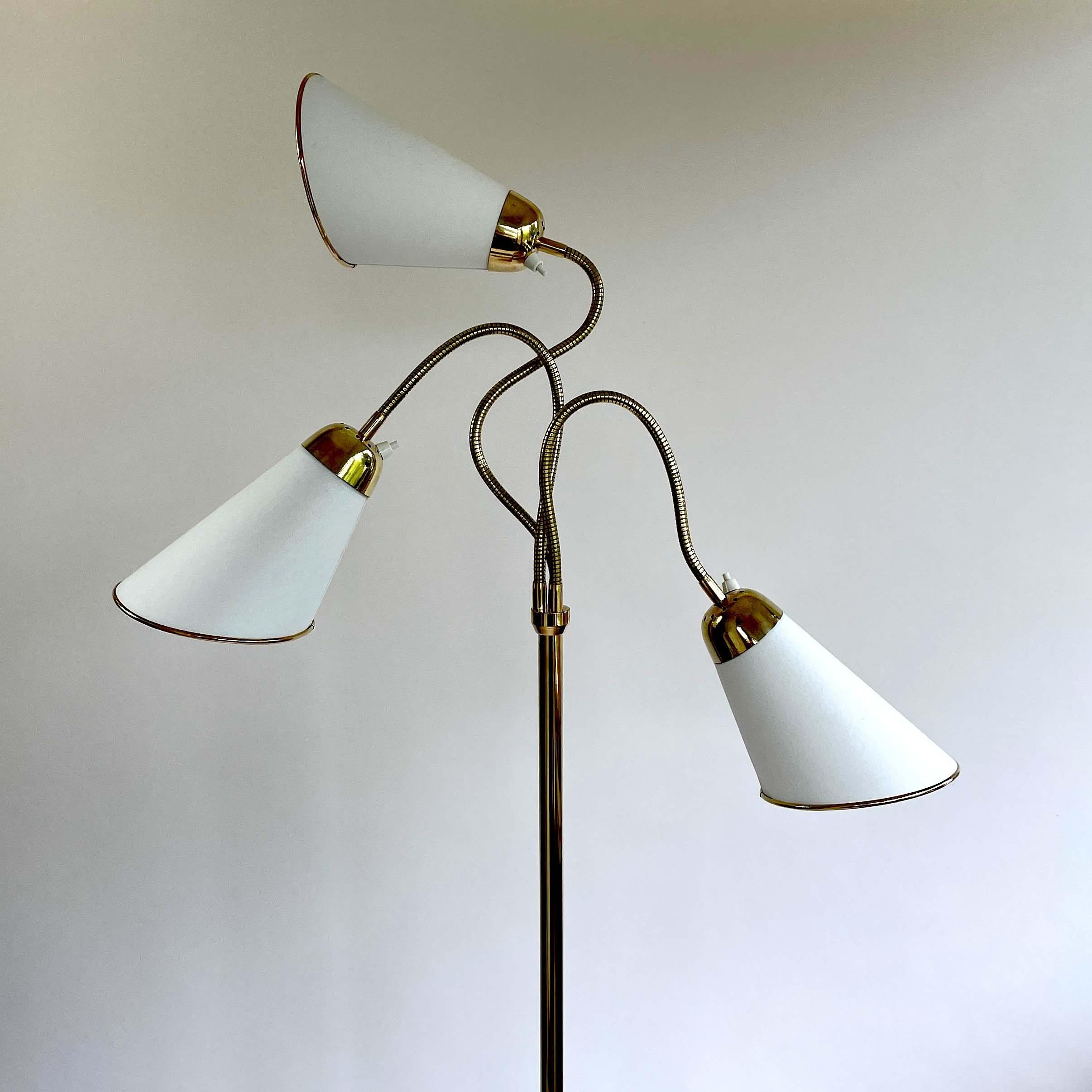 Triple Gooseneck Brass & Off White Fabric Floor Lamp, Sweden 1950s For Sale 3