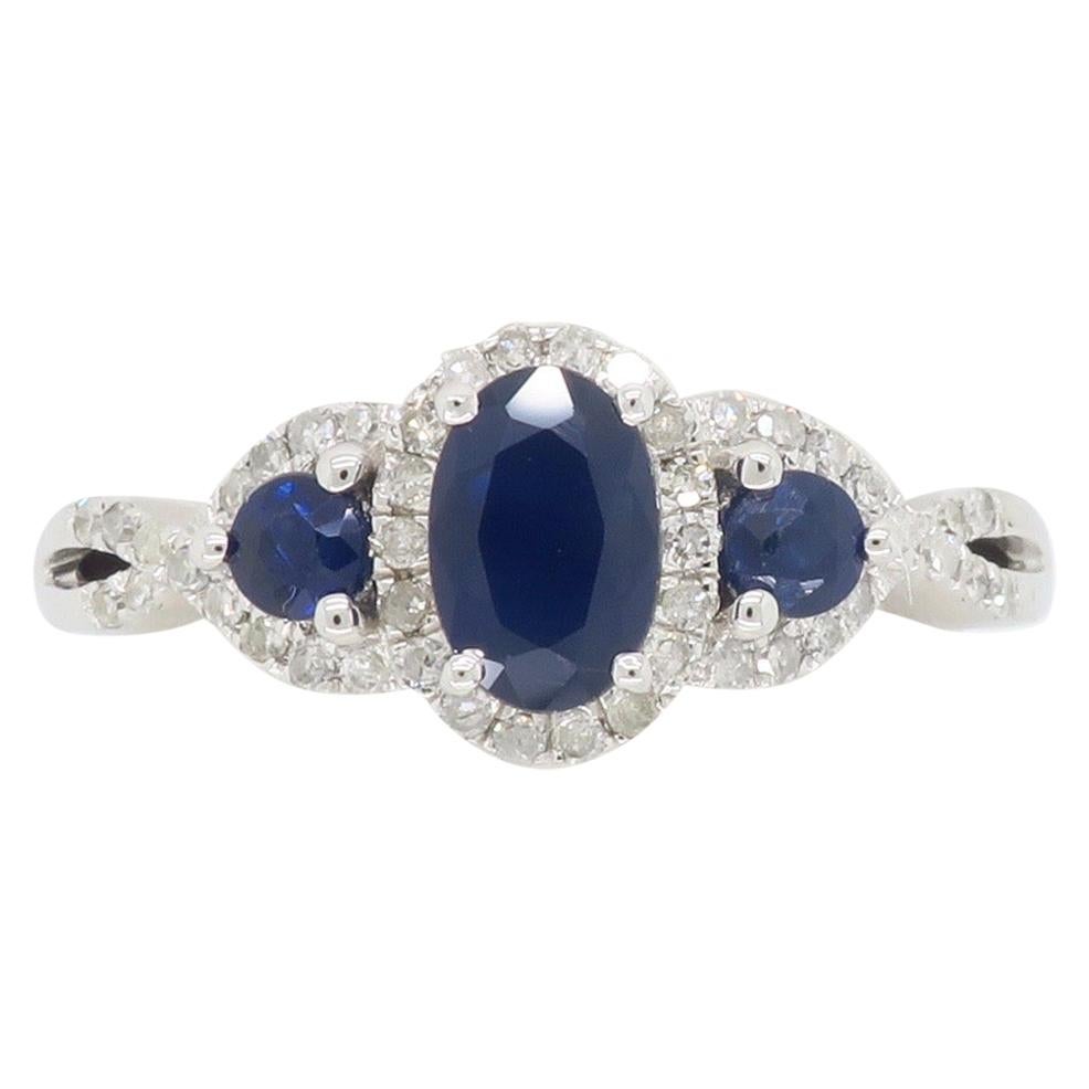 Triple Halo Diamond and Blue Sapphire Ring