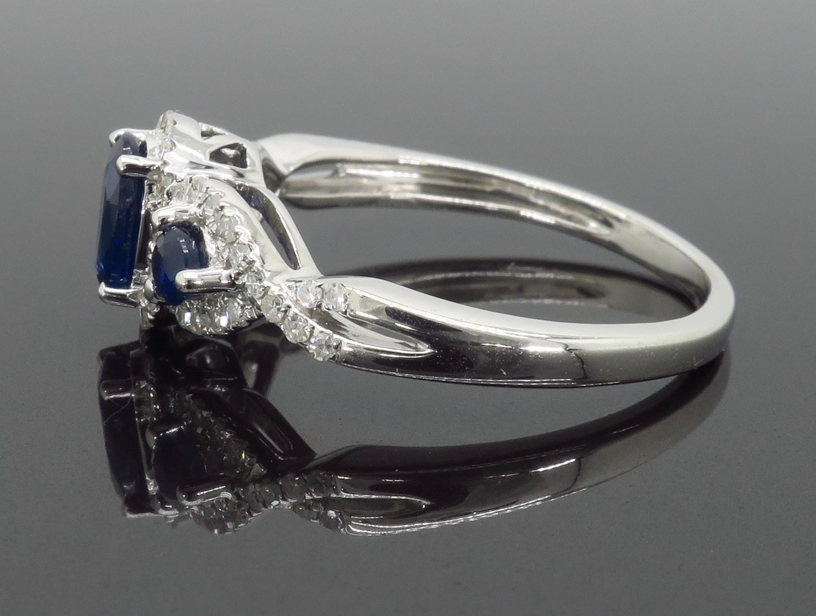 Triple Halo Diamond and Blue Sapphire Ring In New Condition In Webster, NY