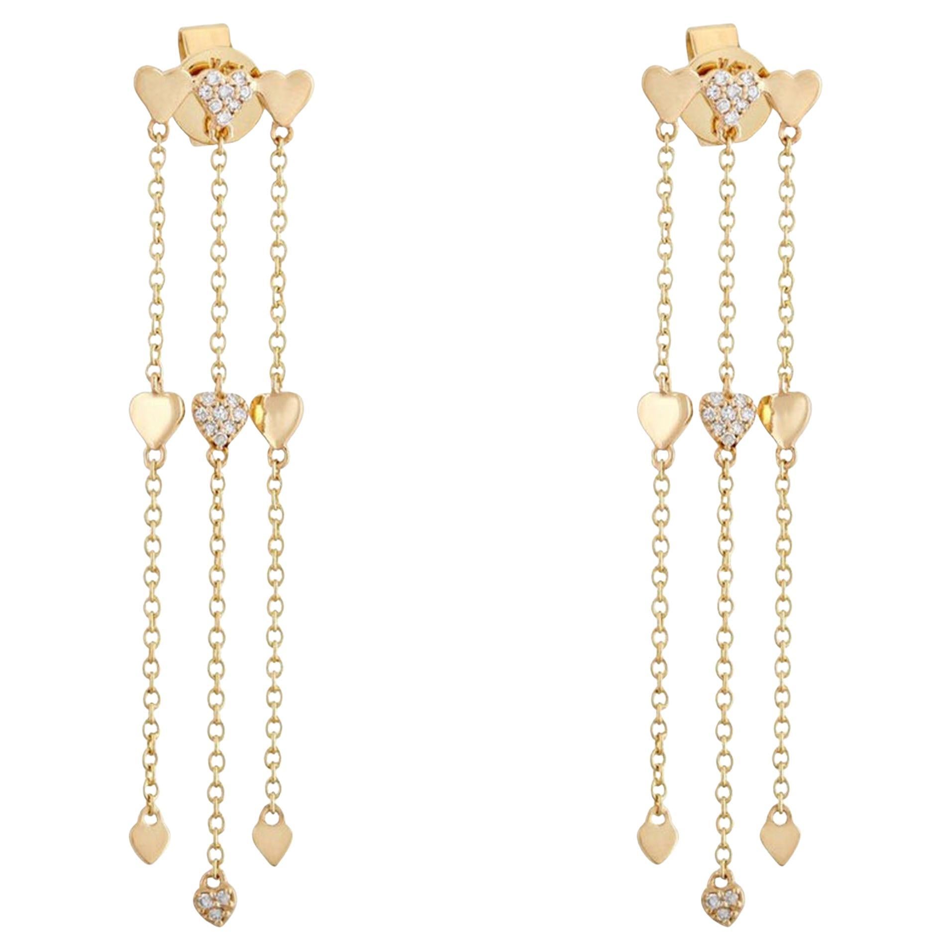 Triple Heart Dangle Diamond 14K (or 18k upon request) Yellow Gold Drop Earrings For Sale